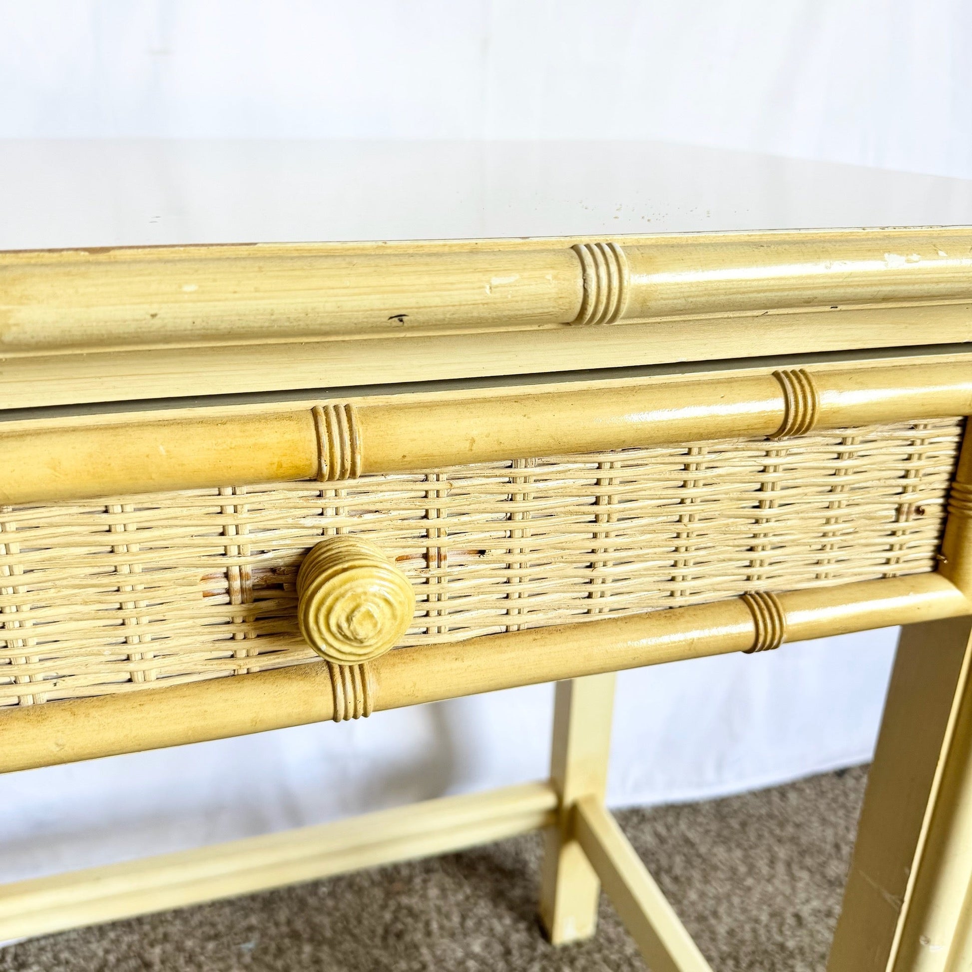 Vintage Coastal Faux Bamboo Wicker Writing Desk by Henry Link - Dolphin & Flamingo