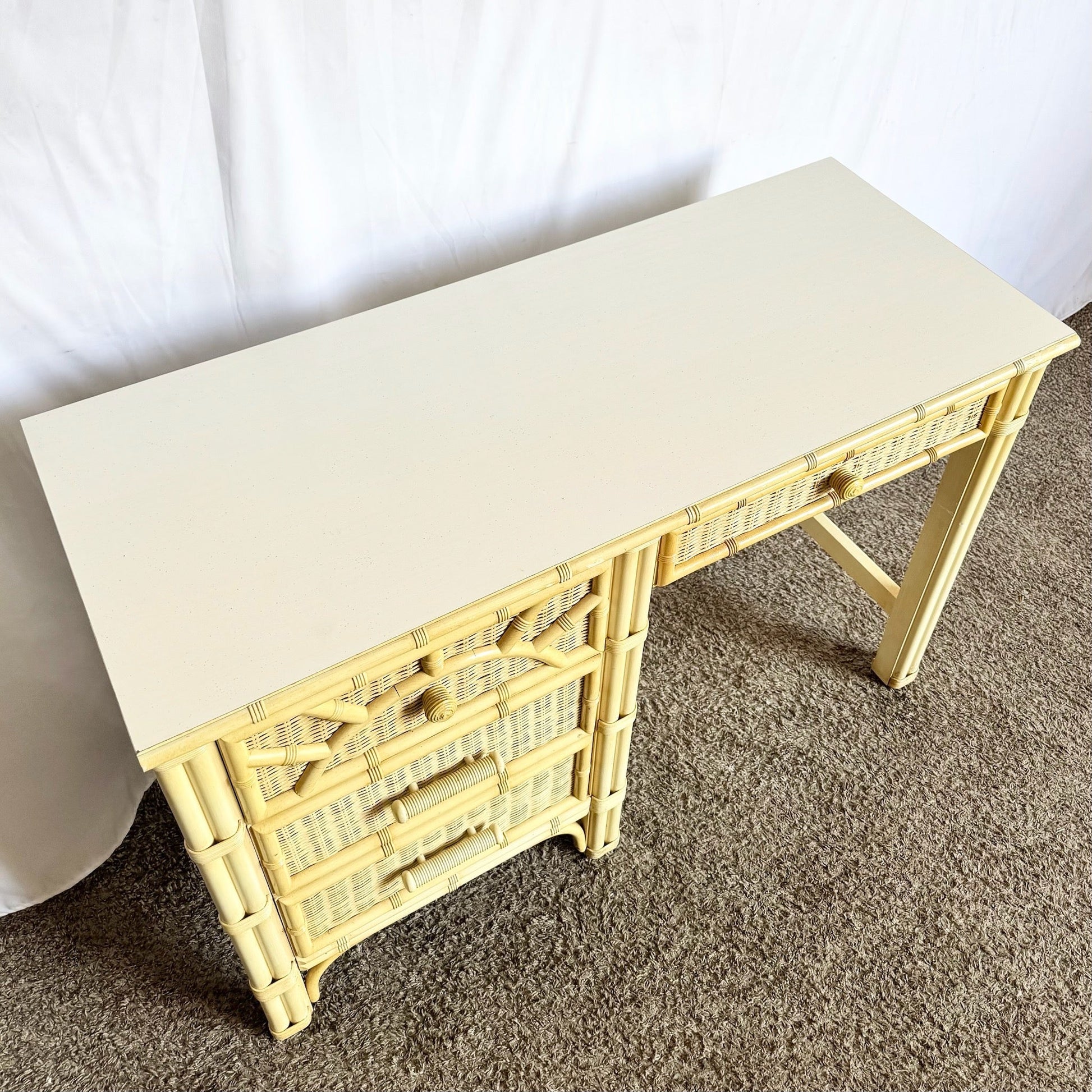 Vintage Coastal Faux Bamboo Wicker Writing Desk by Henry Link - Dolphin & Flamingo