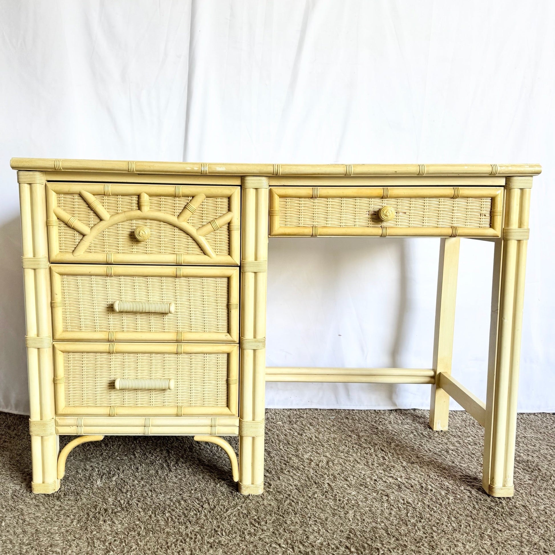 Vintage Coastal Faux Bamboo Wicker Writing Desk by Henry Link - Dolphin & Flamingo