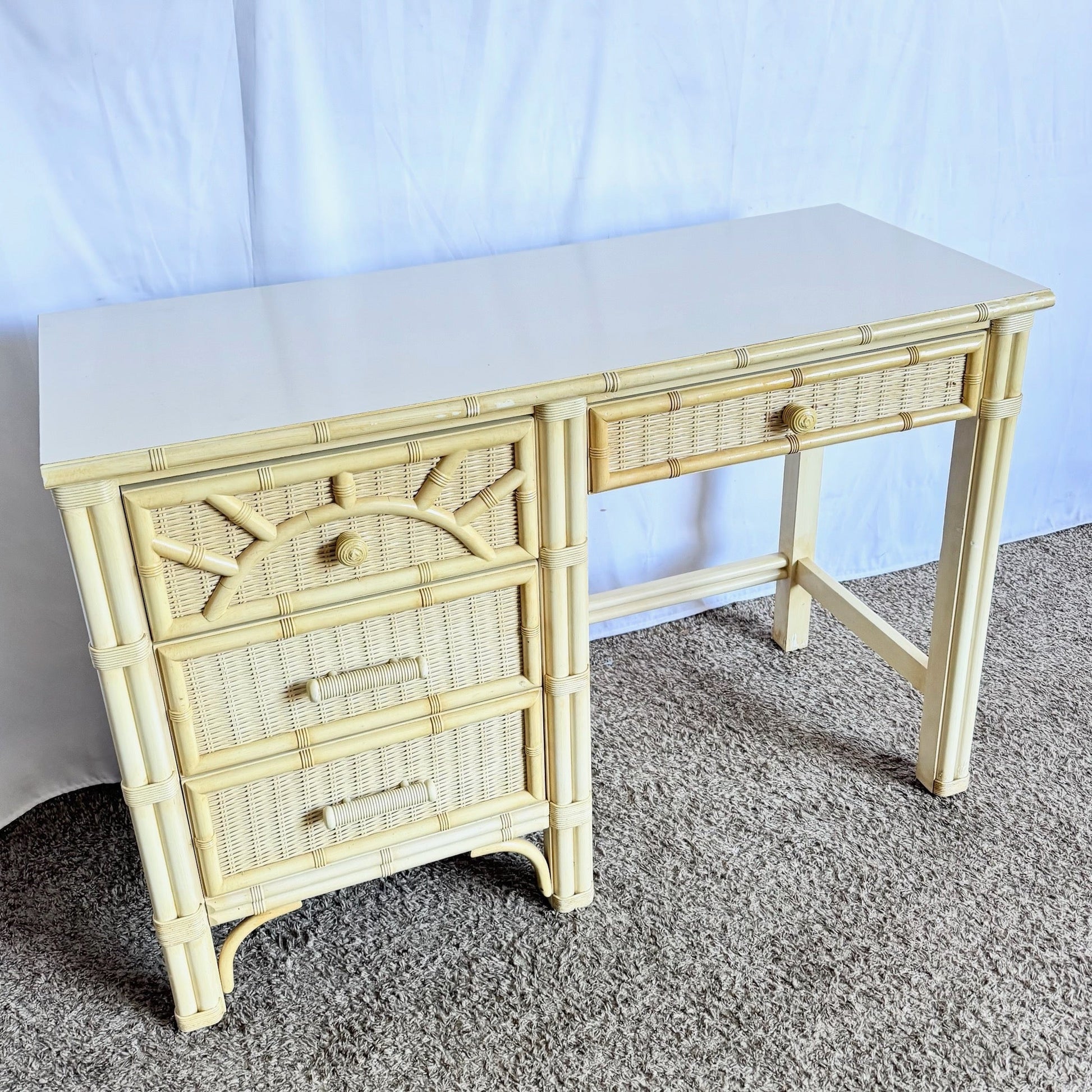 Vintage Coastal Faux Bamboo Wicker Writing Desk by Henry Link - Dolphin & Flamingo