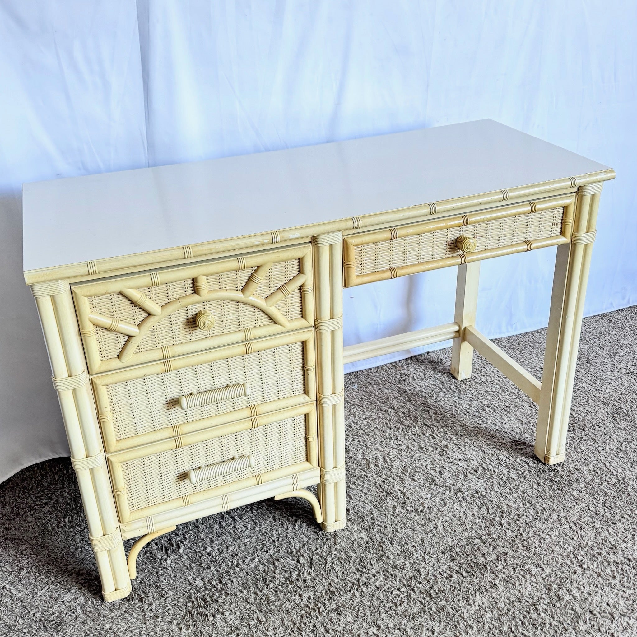 Vintage Coastal Faux Bamboo Wicker Writing Desk by Henry Link - Dolphin & Flamingo