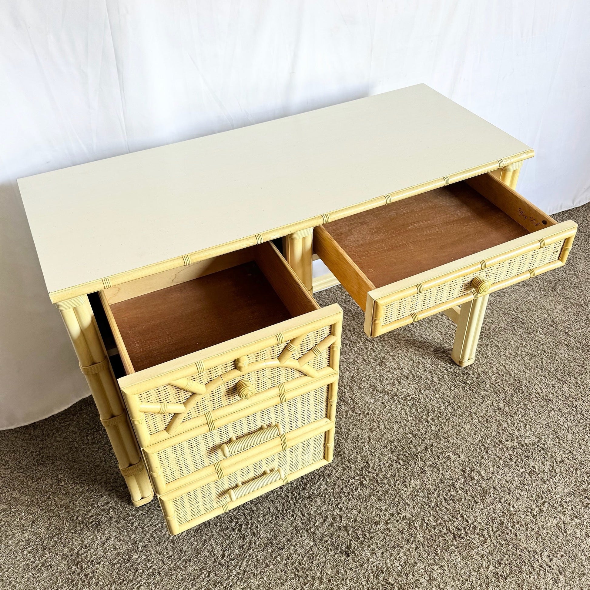 Vintage Coastal Faux Bamboo Wicker Writing Desk by Henry Link - Dolphin & Flamingo