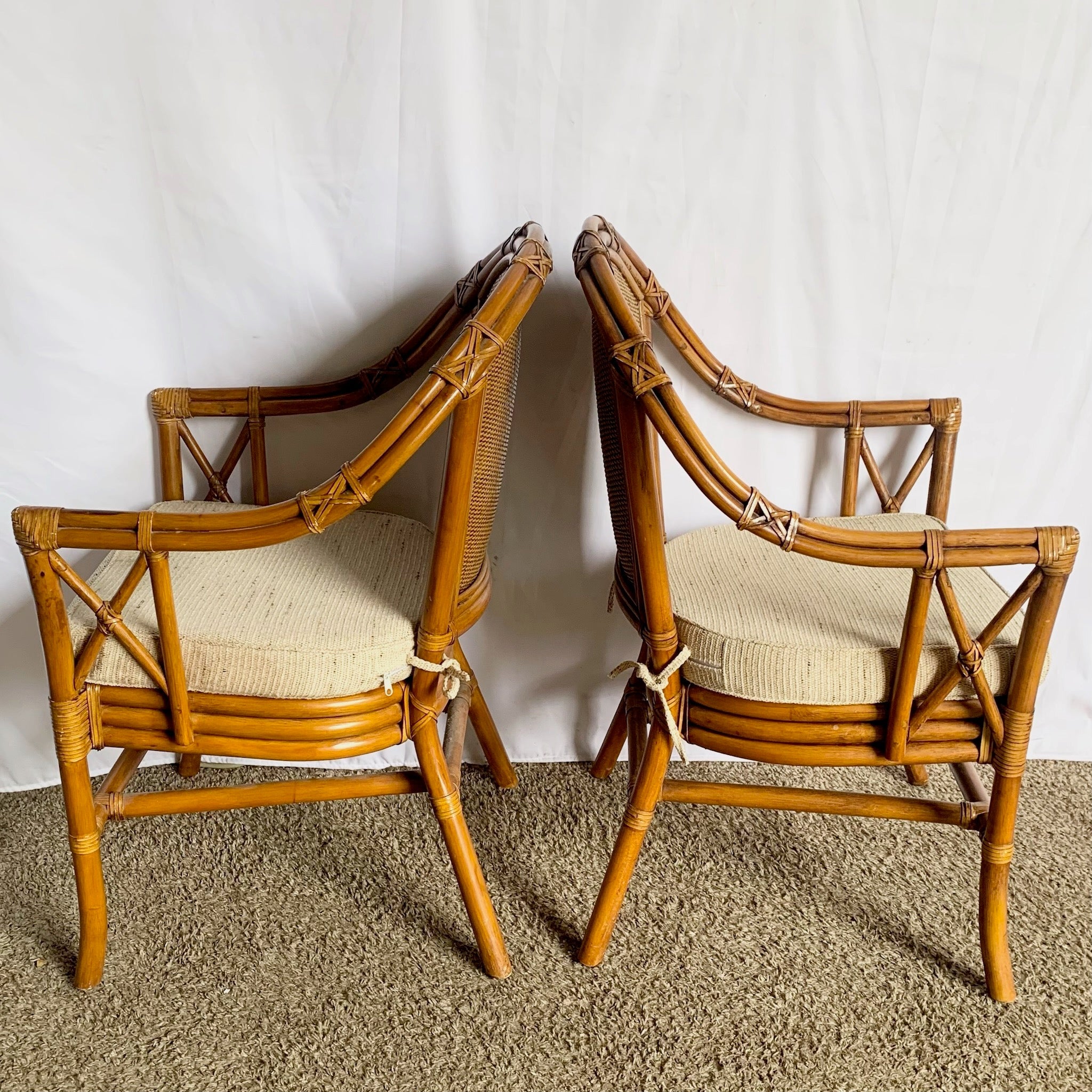 Vintage Coastal Rattan and Wicker Dining Arm Chairs on - Set of 4 - Dolphin & Flamingo