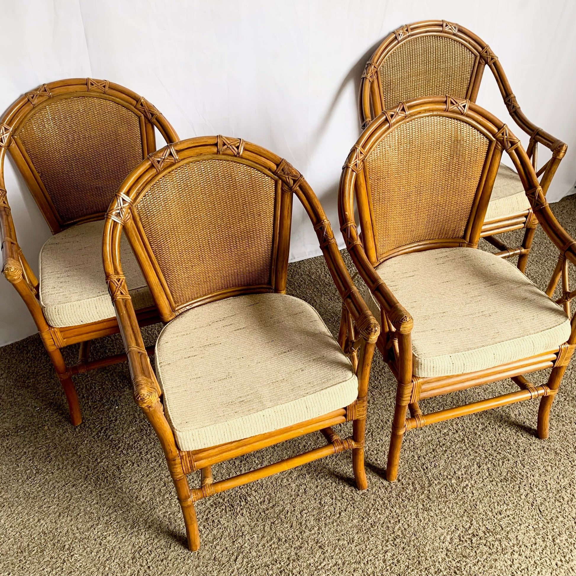 Vintage Coastal Rattan and Wicker Dining Arm Chairs on - Set of 4 - Dolphin & Flamingo