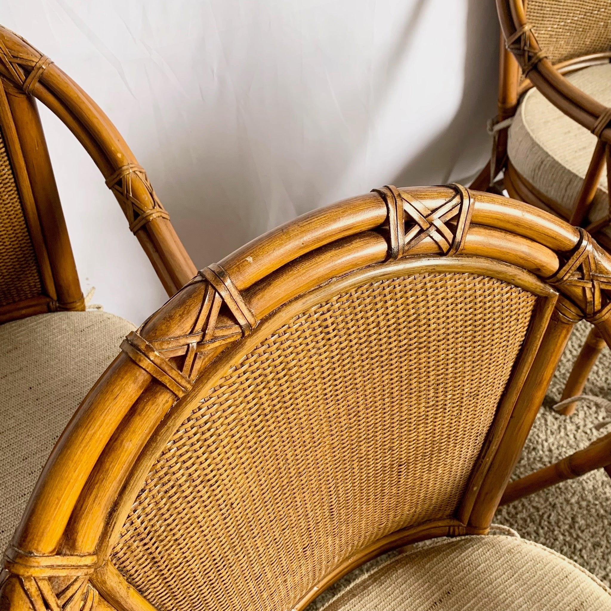 Vintage Coastal Rattan and Wicker Dining Arm Chairs on - Set of 4 - Dolphin & Flamingo