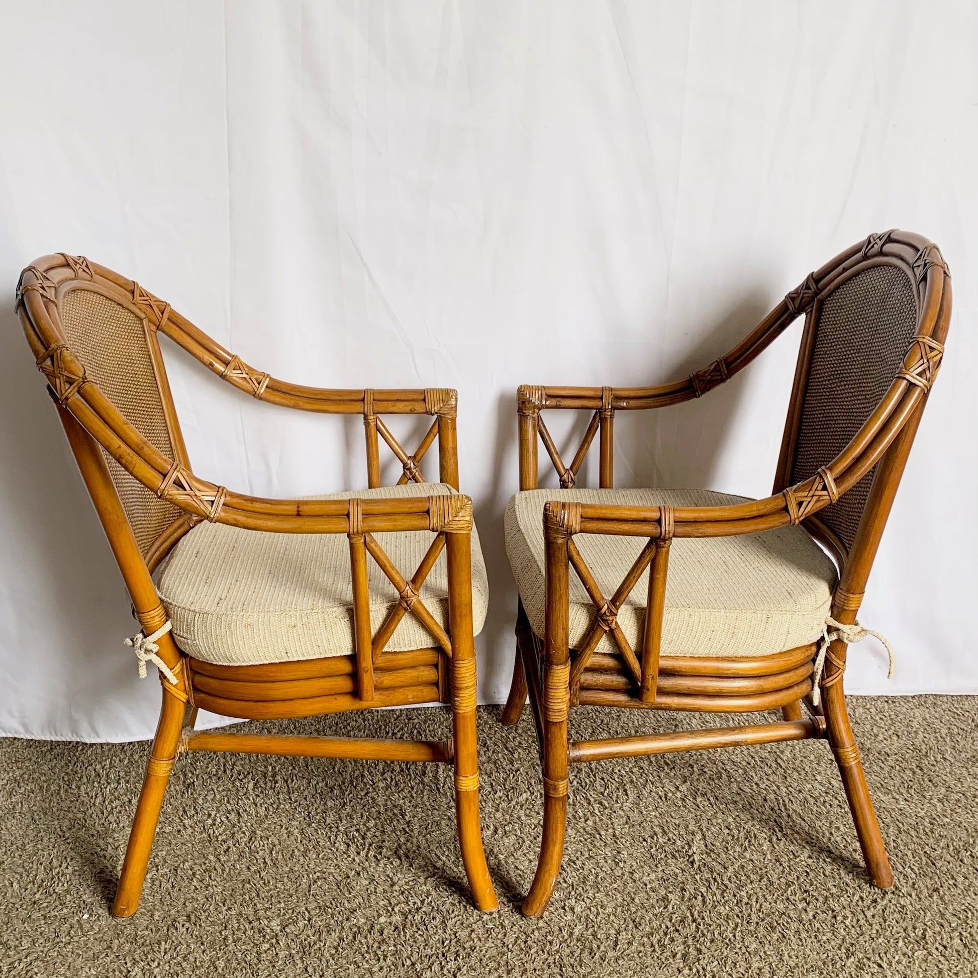 Vintage Coastal Rattan and Wicker Dining Arm Chairs on - Set of 4 - Dolphin & Flamingo