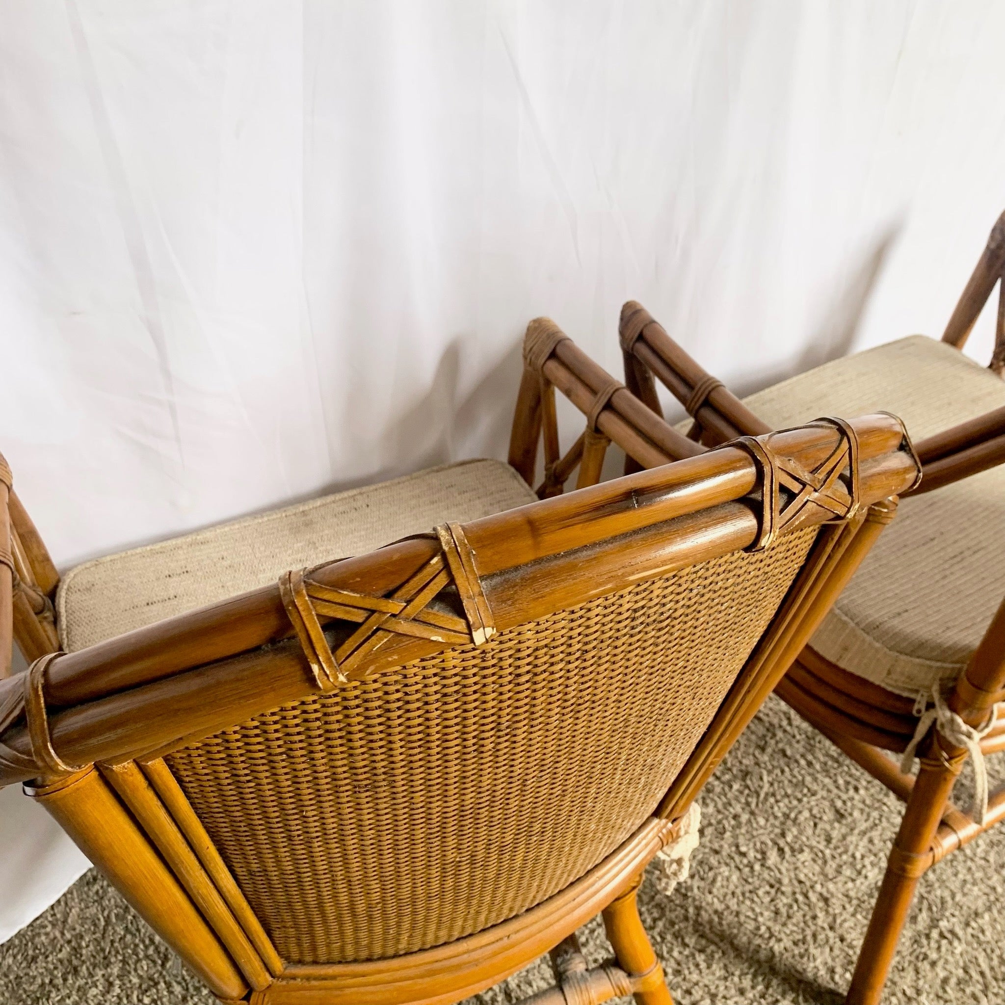 Vintage Coastal Rattan and Wicker Dining Arm Chairs on - Set of 4 - Dolphin & Flamingo