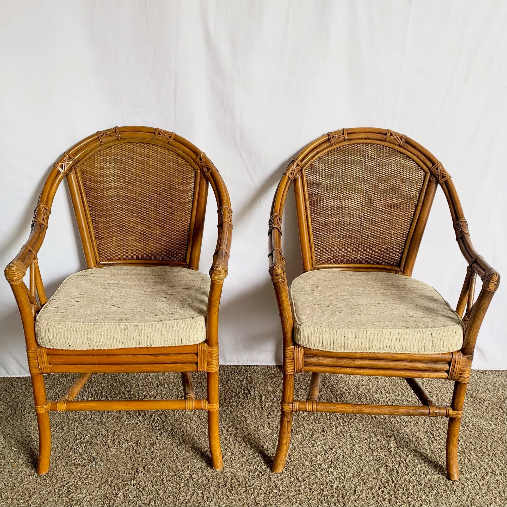 Vintage Coastal Rattan and Wicker Dining Arm Chairs on - Set of 4 - Dolphin & Flamingo