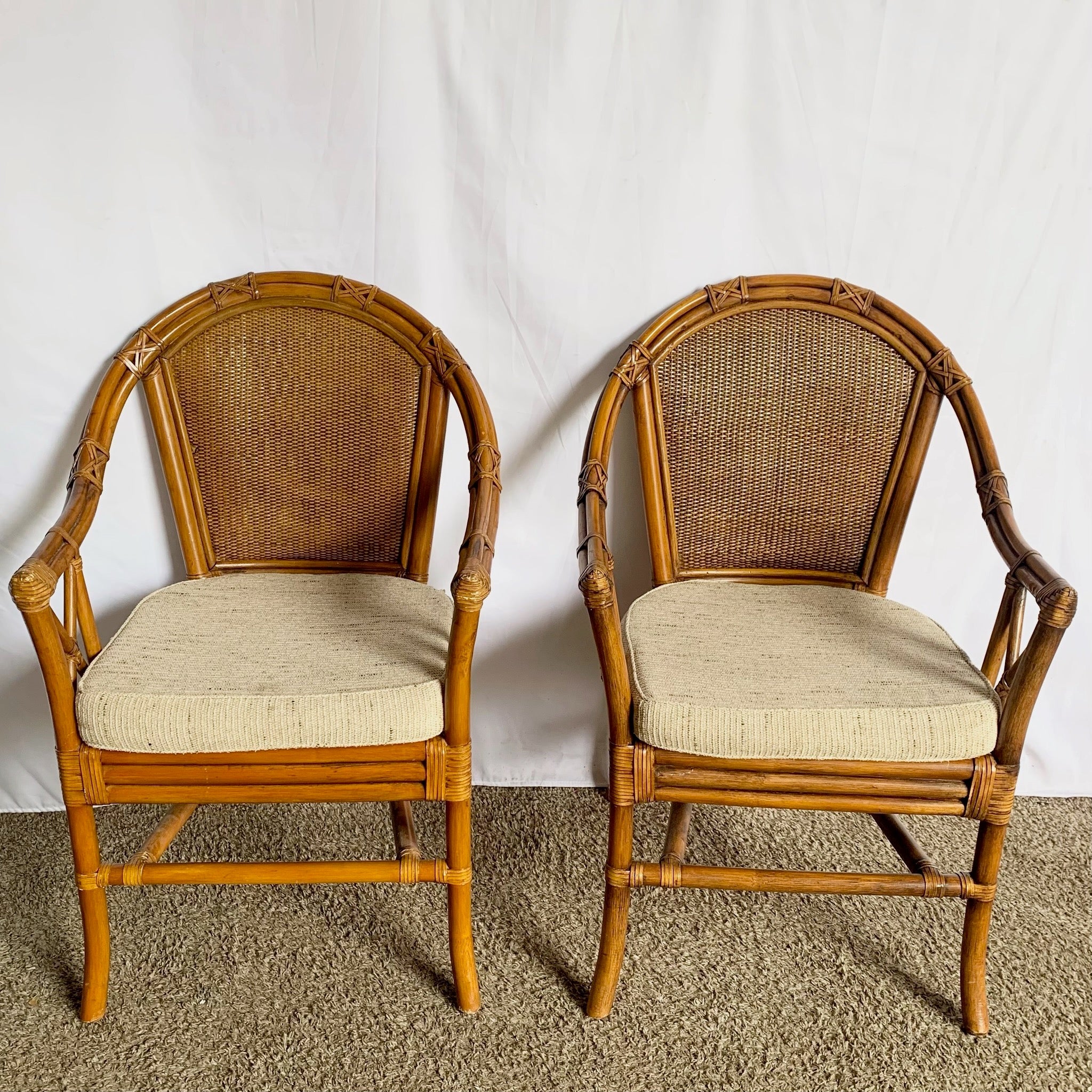 Vintage Coastal Rattan and Wicker Dining Arm Chairs on - Set of 4 - Dolphin & Flamingo