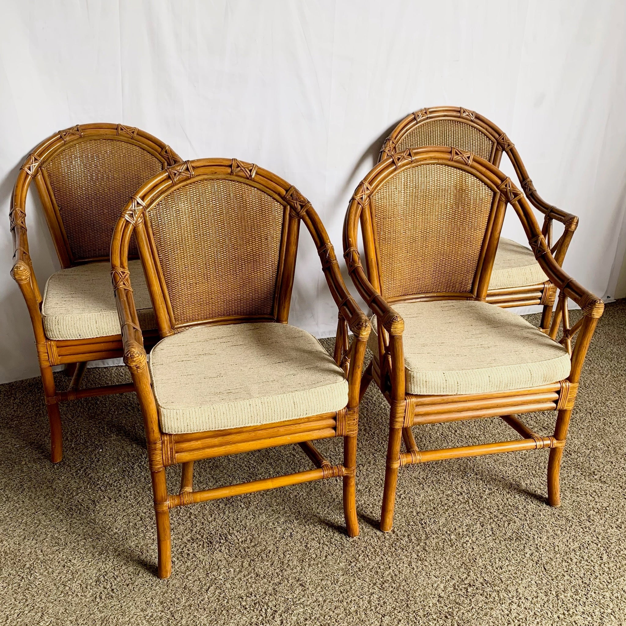 Vintage Coastal Rattan and Wicker Dining Arm Chairs on - Set of 4 - Dolphin & Flamingo