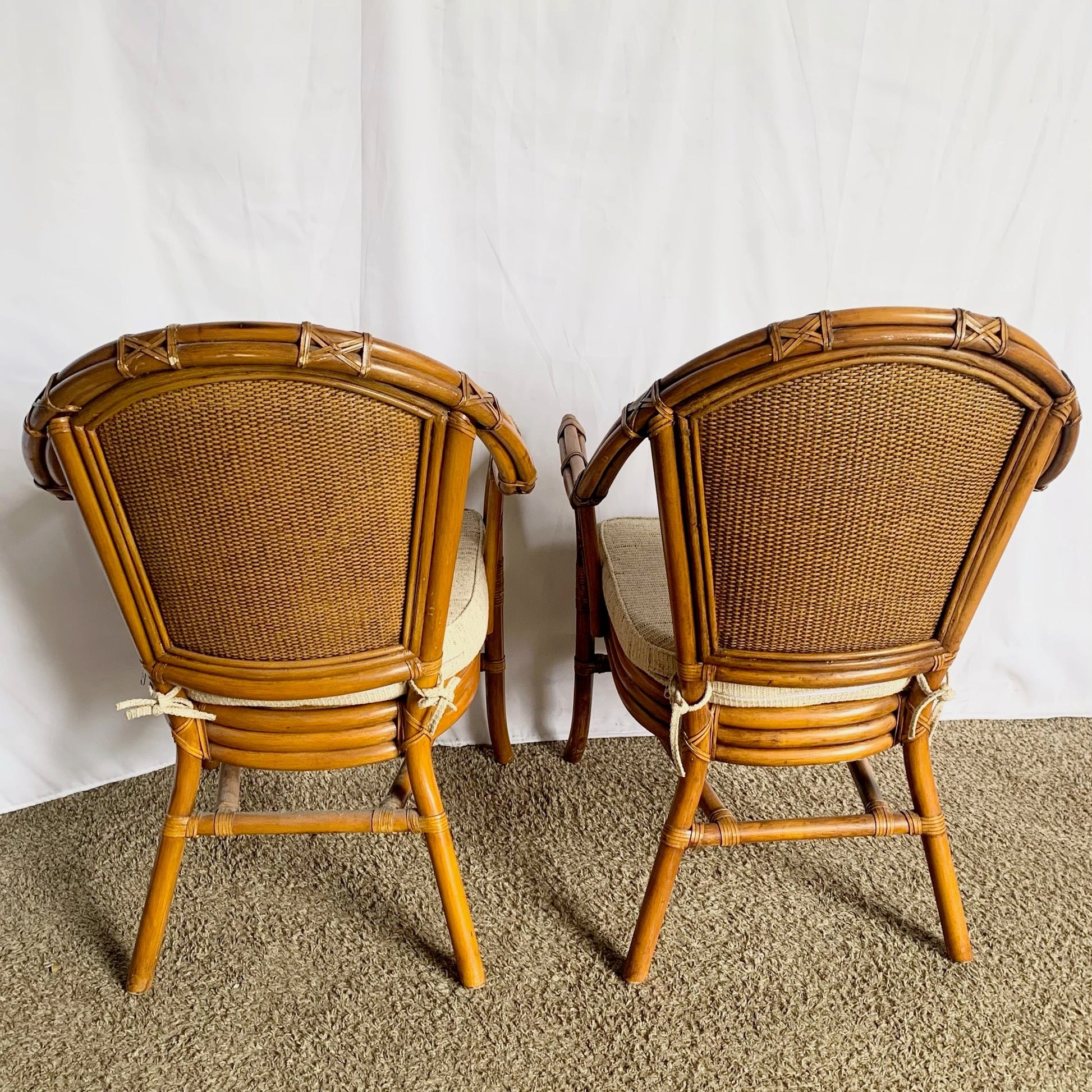 Vintage Coastal Rattan and Wicker Dining Arm Chairs on - Set of 4 - Dolphin & Flamingo