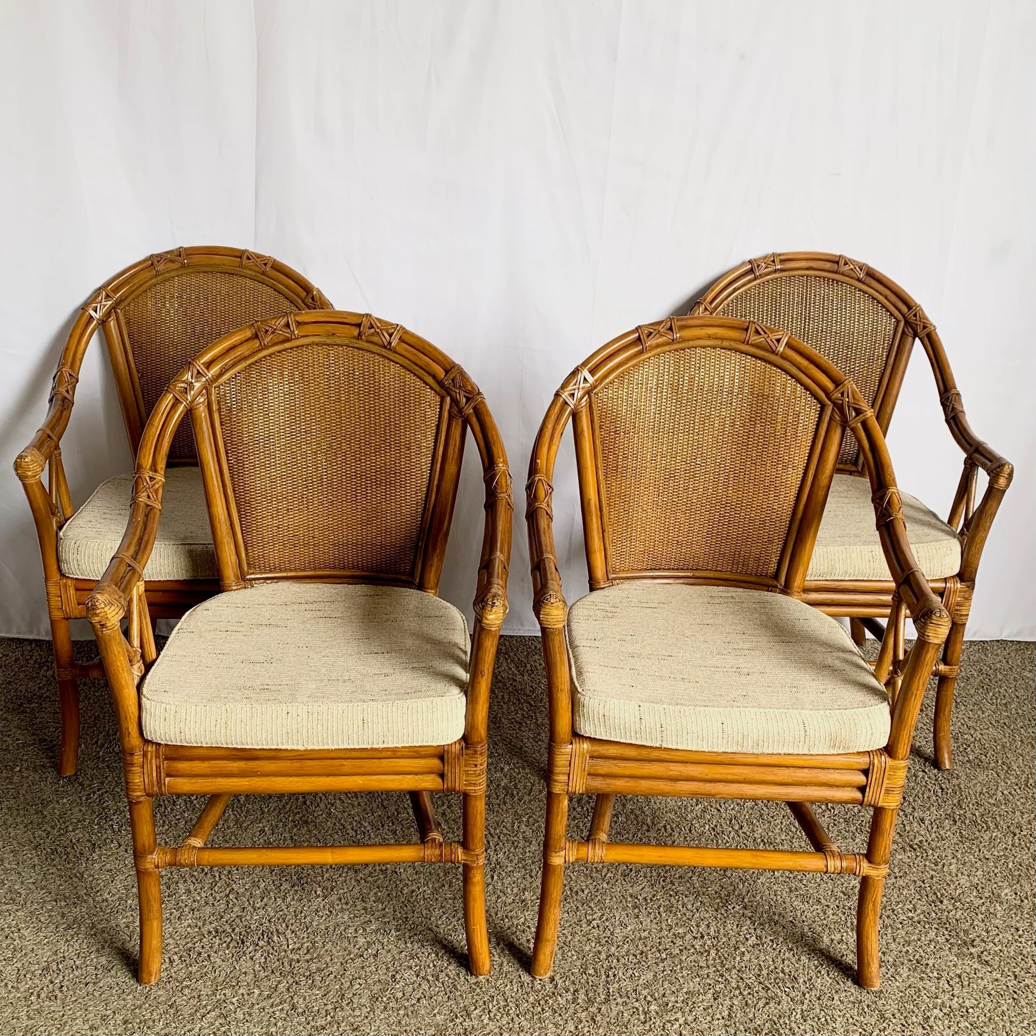 Vintage Coastal Rattan and Wicker Dining Arm Chairs on - Set of 4 - Dolphin & Flamingo
