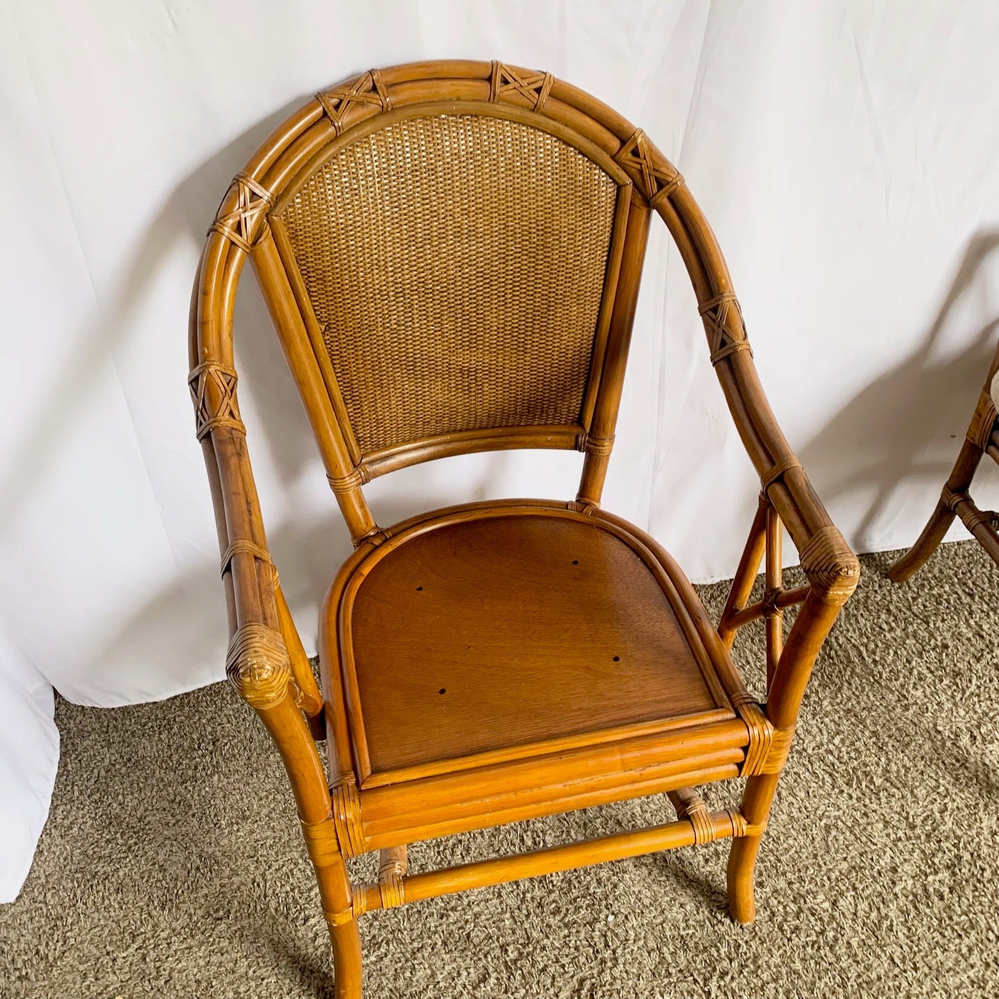 Vintage Coastal Rattan and Wicker Dining Arm Chairs on - Set of 4 - Dolphin & Flamingo
