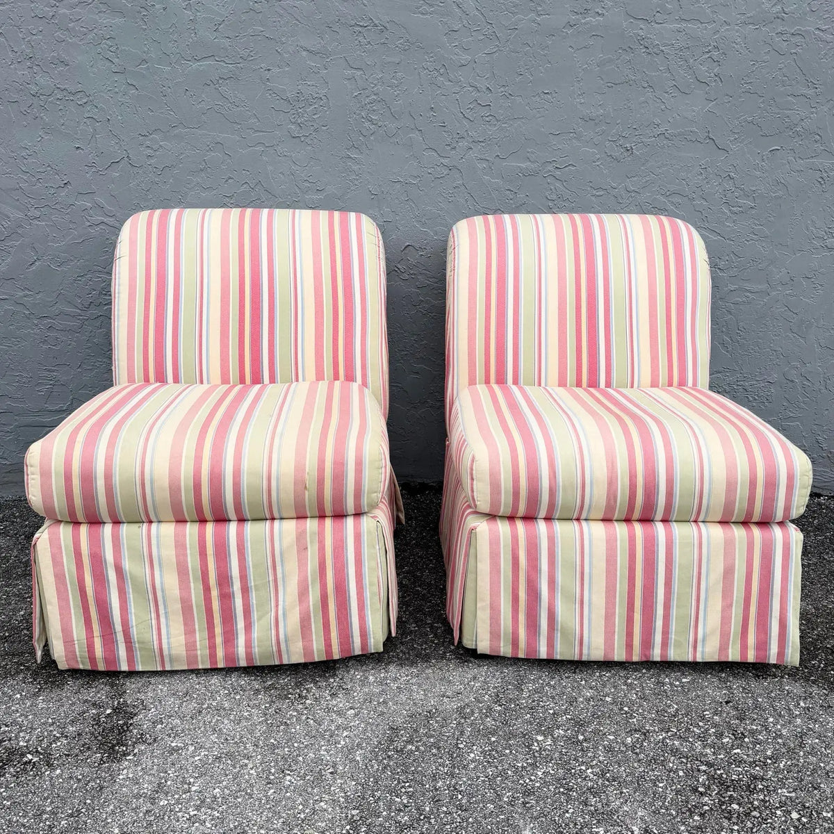 Vintage Coastal Regency Flared Skirted Lounge Chairs - A Pair