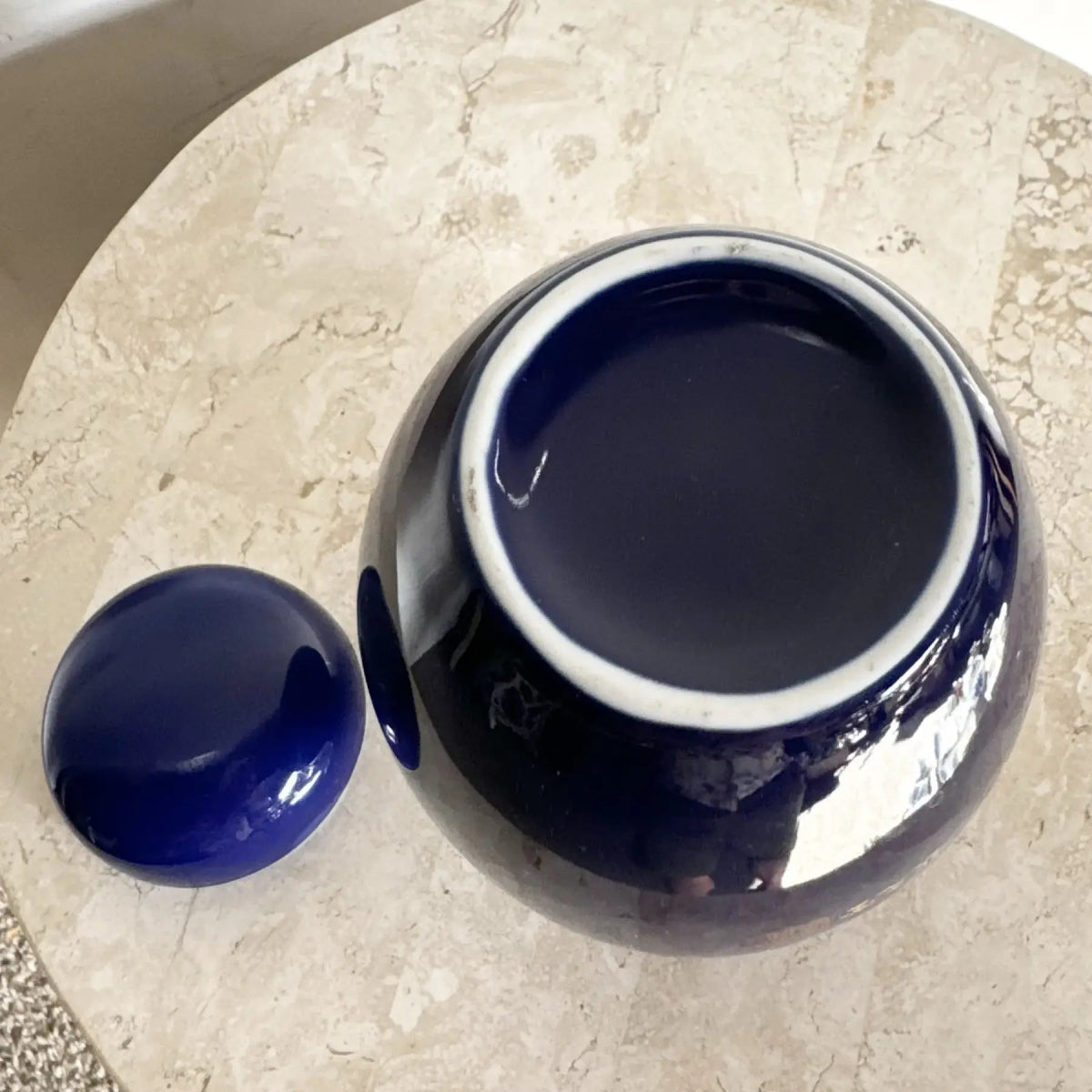 Vintage Cobalt Blue Japanese Kutani Style Ginger Jar With Gold Hand - Painted Characters - Dolphin & Flamingo