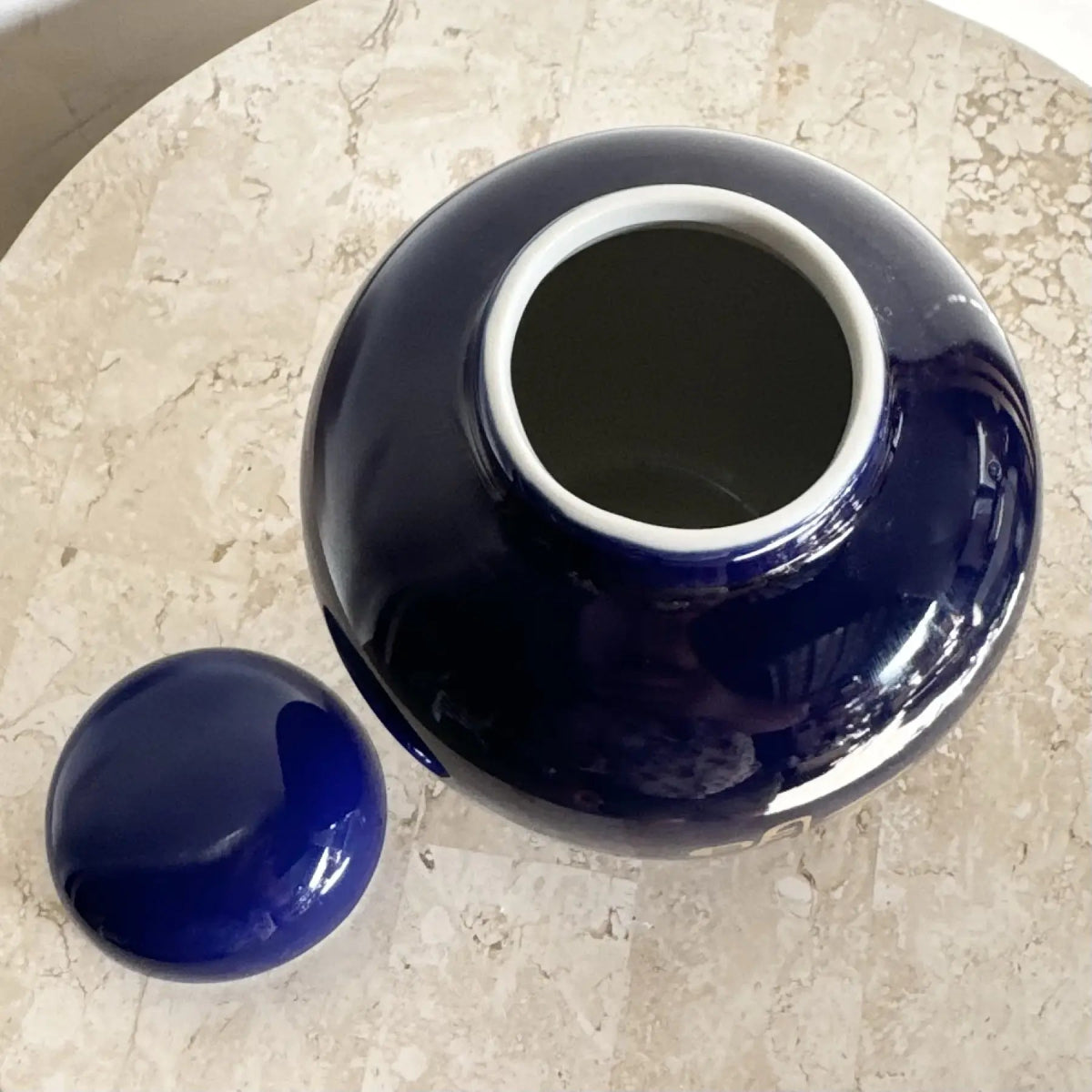 Vintage Cobalt Blue Japanese Kutani Style Ginger Jar With Gold Hand - Painted Characters - Dolphin & Flamingo