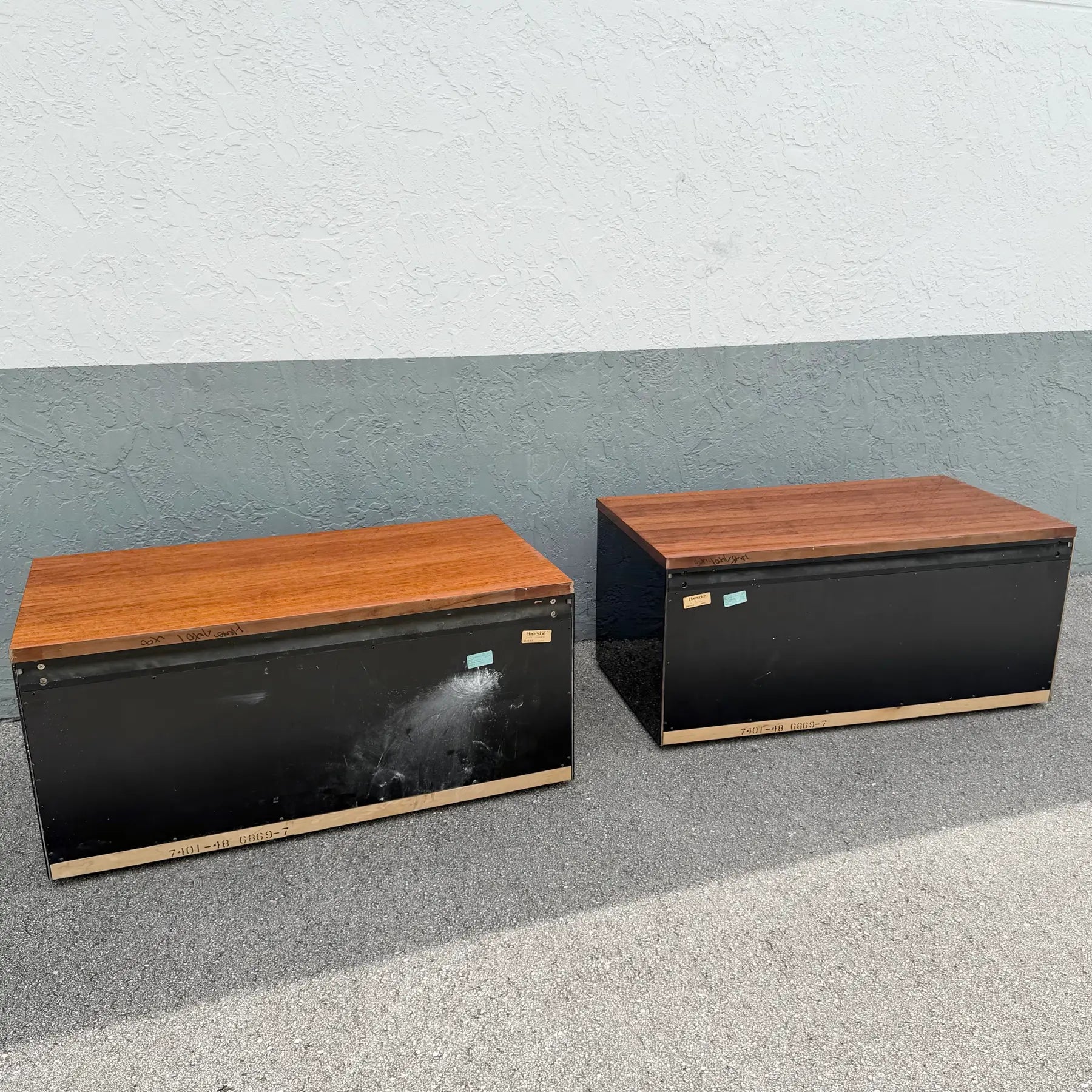 Vintage “Elan” Black Lacquered Koa Wood Cabinets by Henredon - A Pair Dolphin & Flamingo
