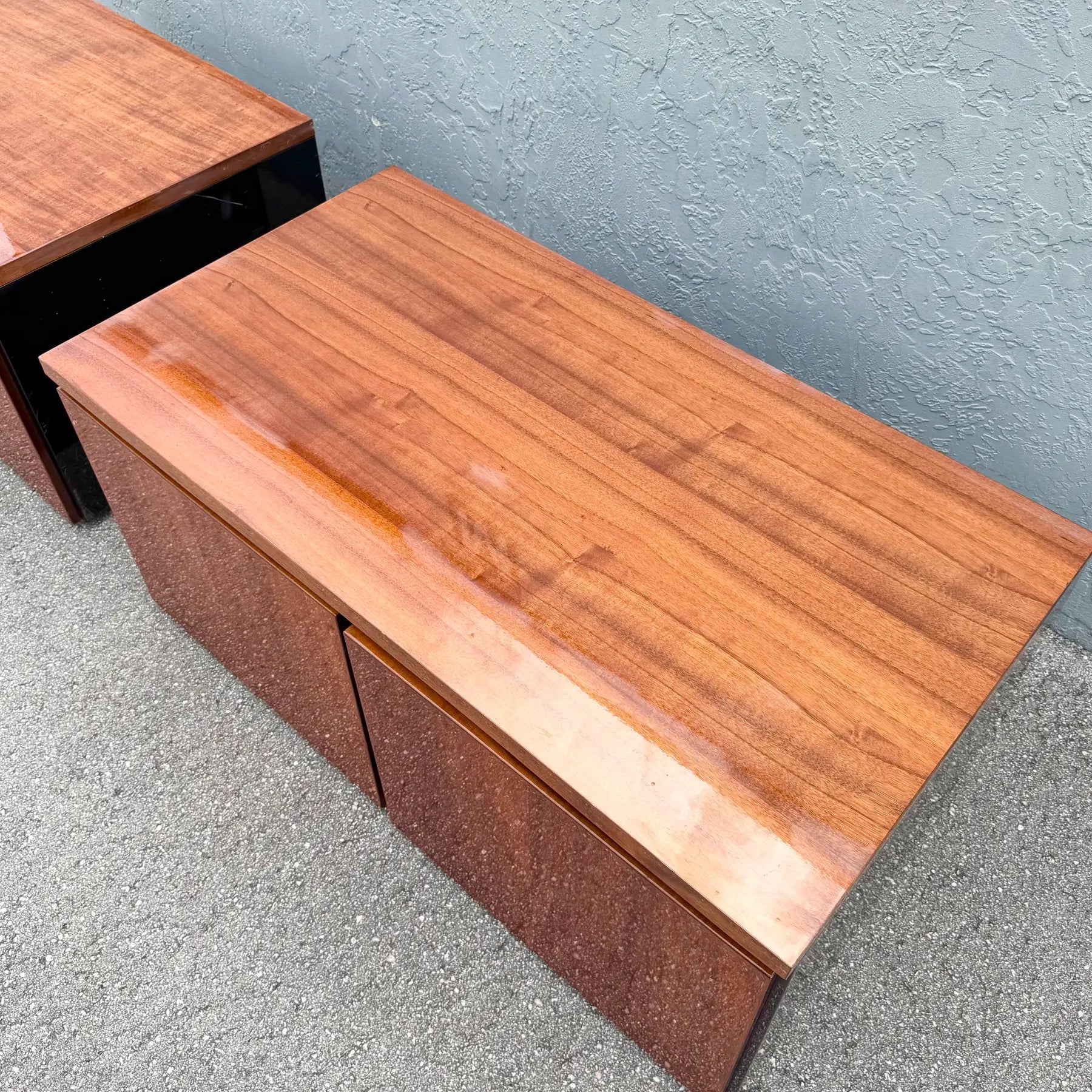 Vintage “Elan” Black Lacquered Koa Wood Cabinets by Henredon - A Pair Dolphin & Flamingo
