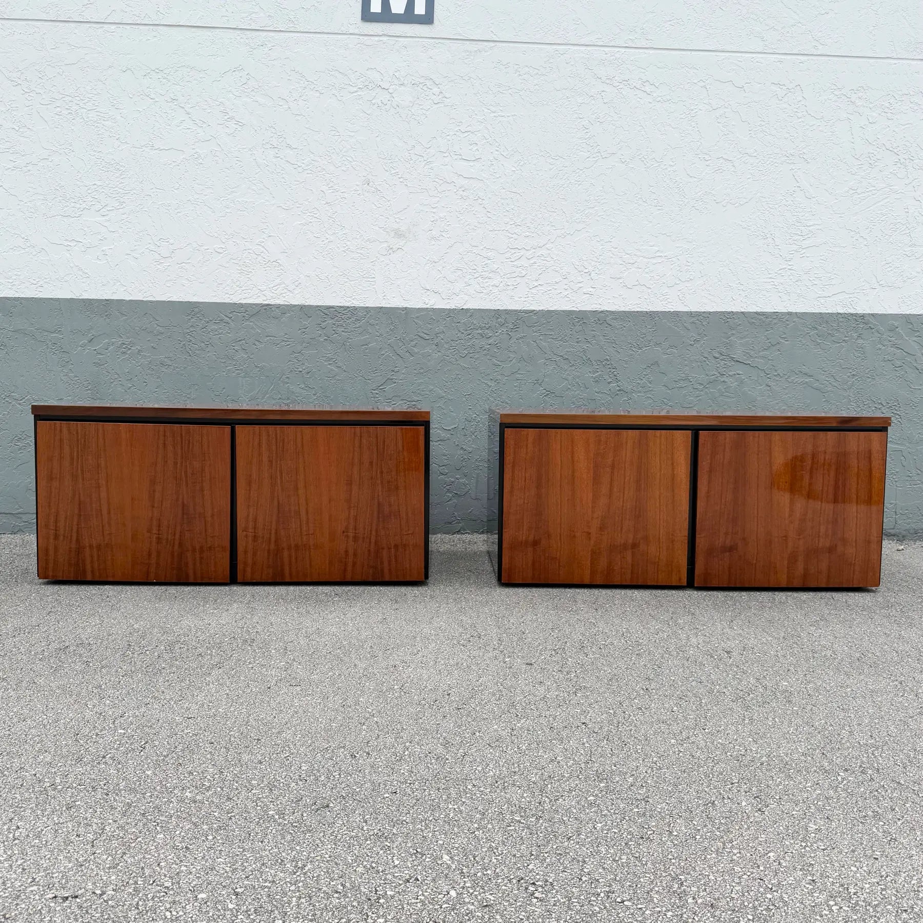 Vintage “Elan” Black Lacquered Koa Wood Cabinets by Henredon - A Pair Dolphin & Flamingo