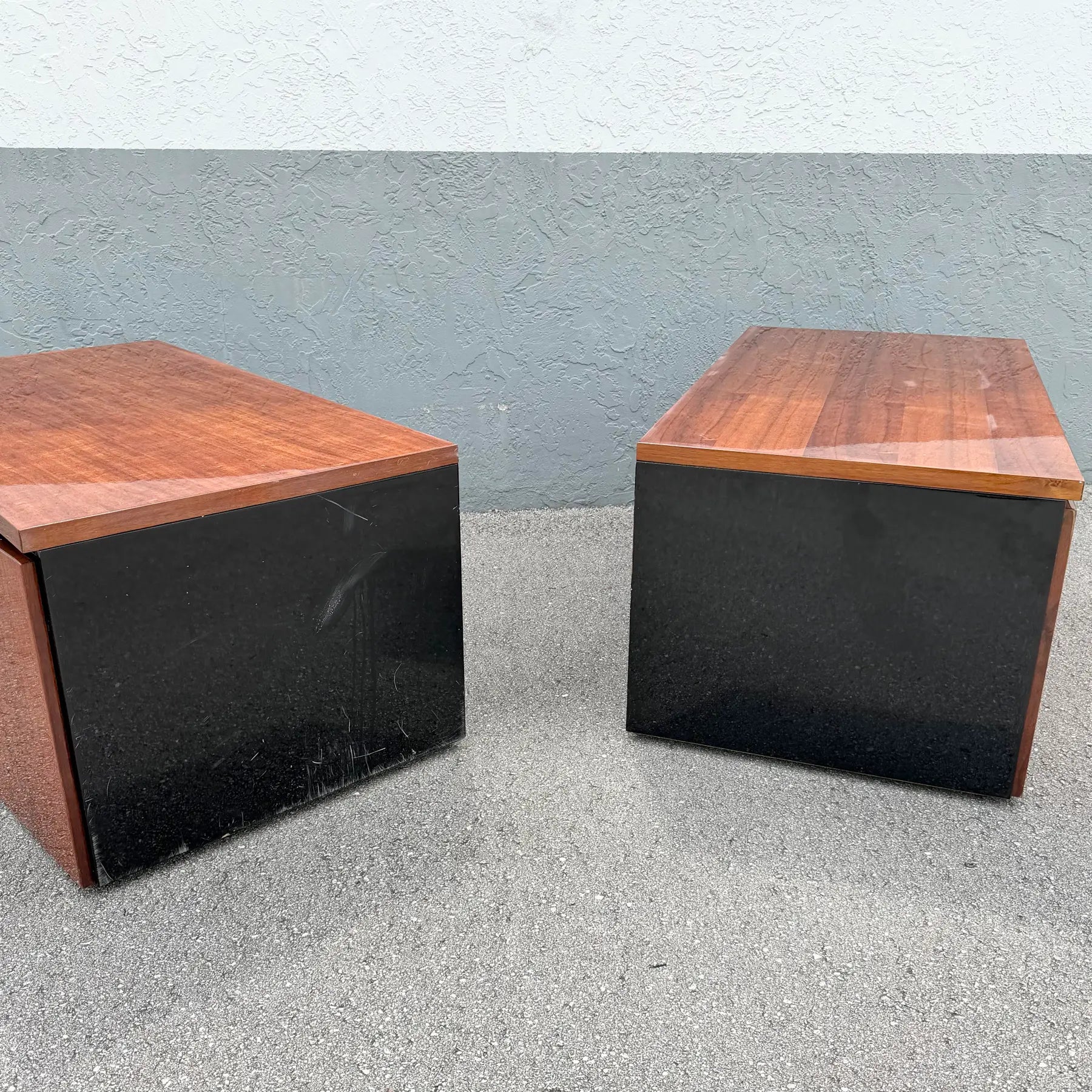 Vintage “Elan” Black Lacquered Koa Wood Cabinets by Henredon - A Pair Dolphin & Flamingo