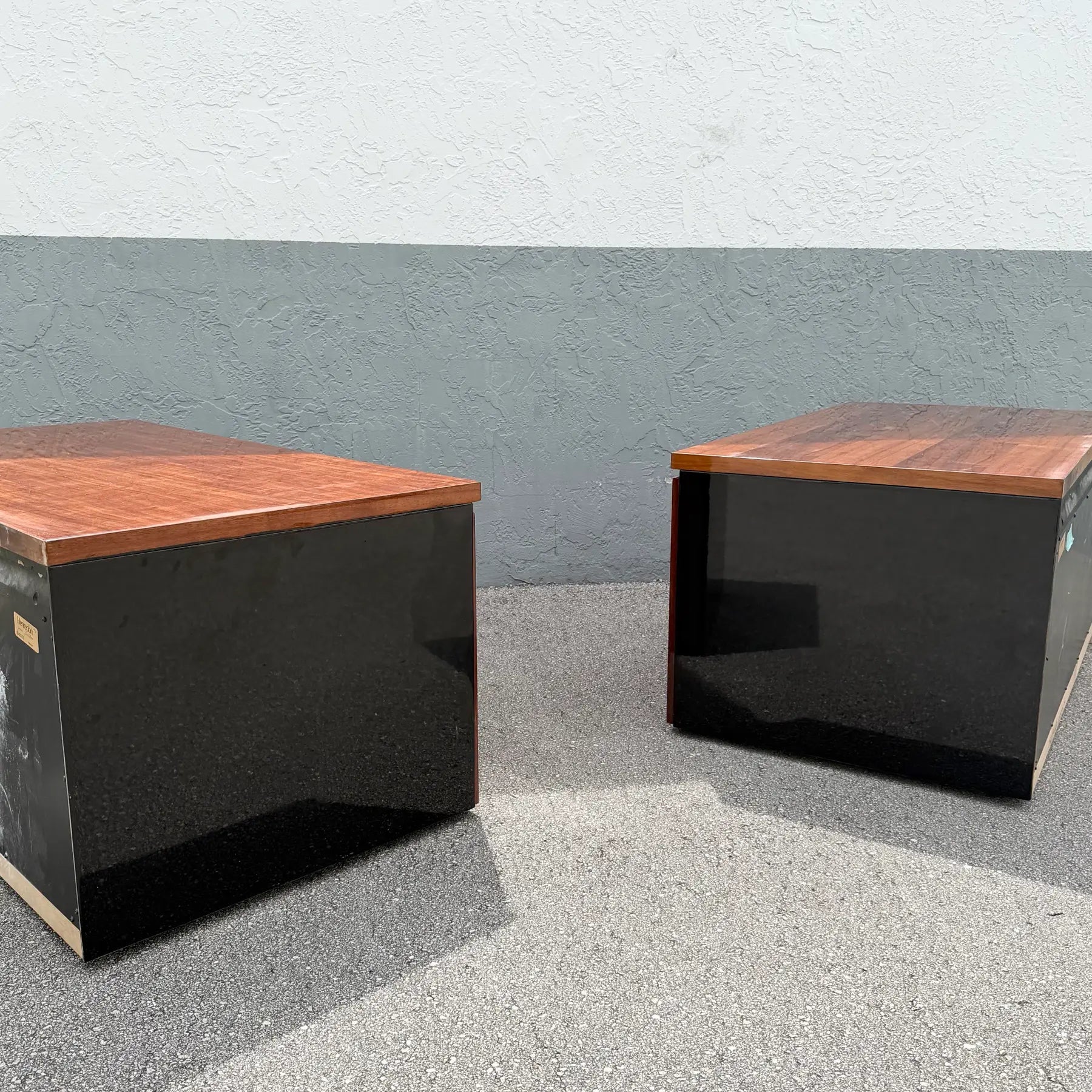 Vintage “Elan” Black Lacquered Koa Wood Cabinets by Henredon - A Pair Dolphin & Flamingo