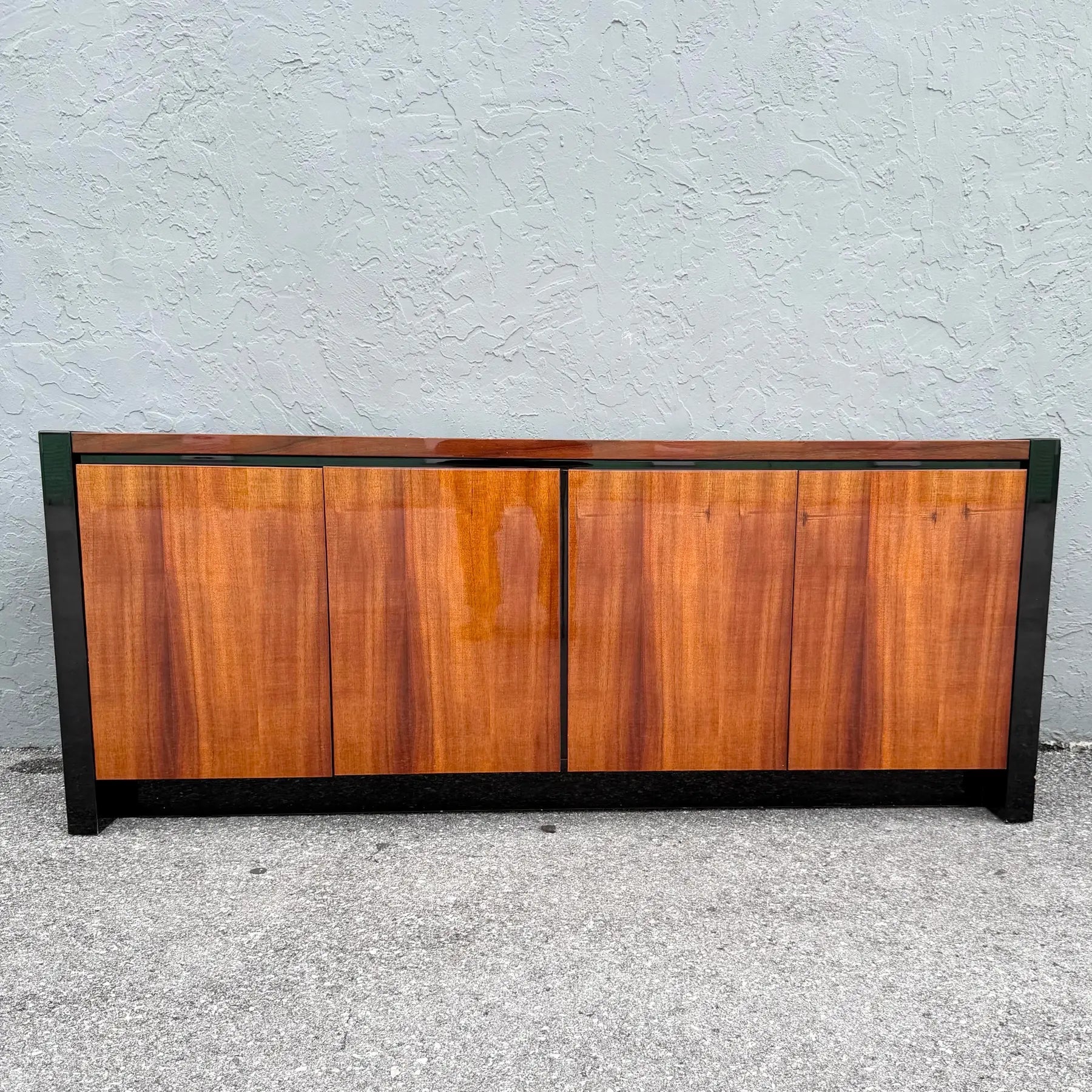 Vintage “Elan” Black Lacquered Koa Wood Credenza by Henredon Dolphin & Flamingo