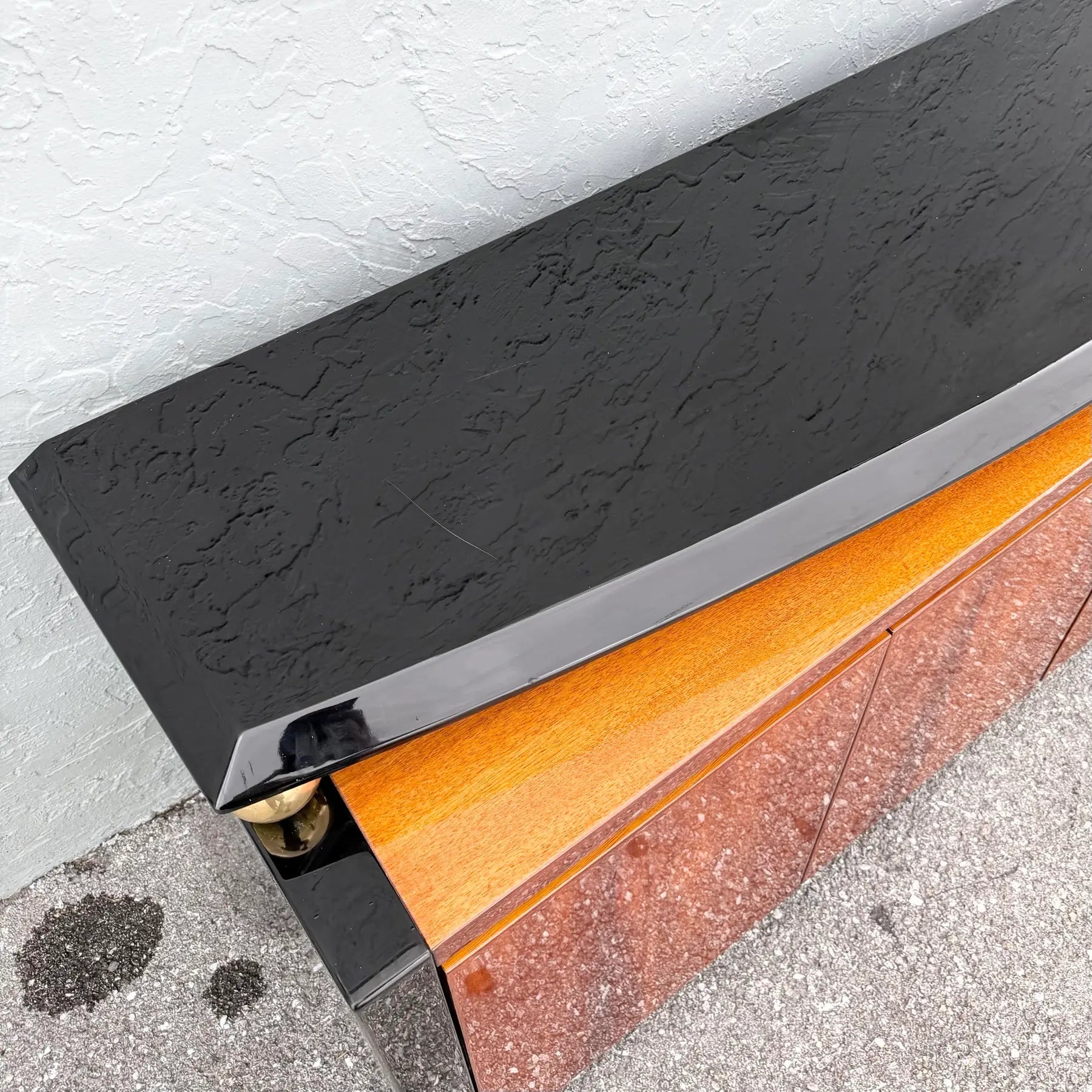 Vintage “Elan” Black Lacquered Koa Wood Credenza by Henredon Dolphin & Flamingo