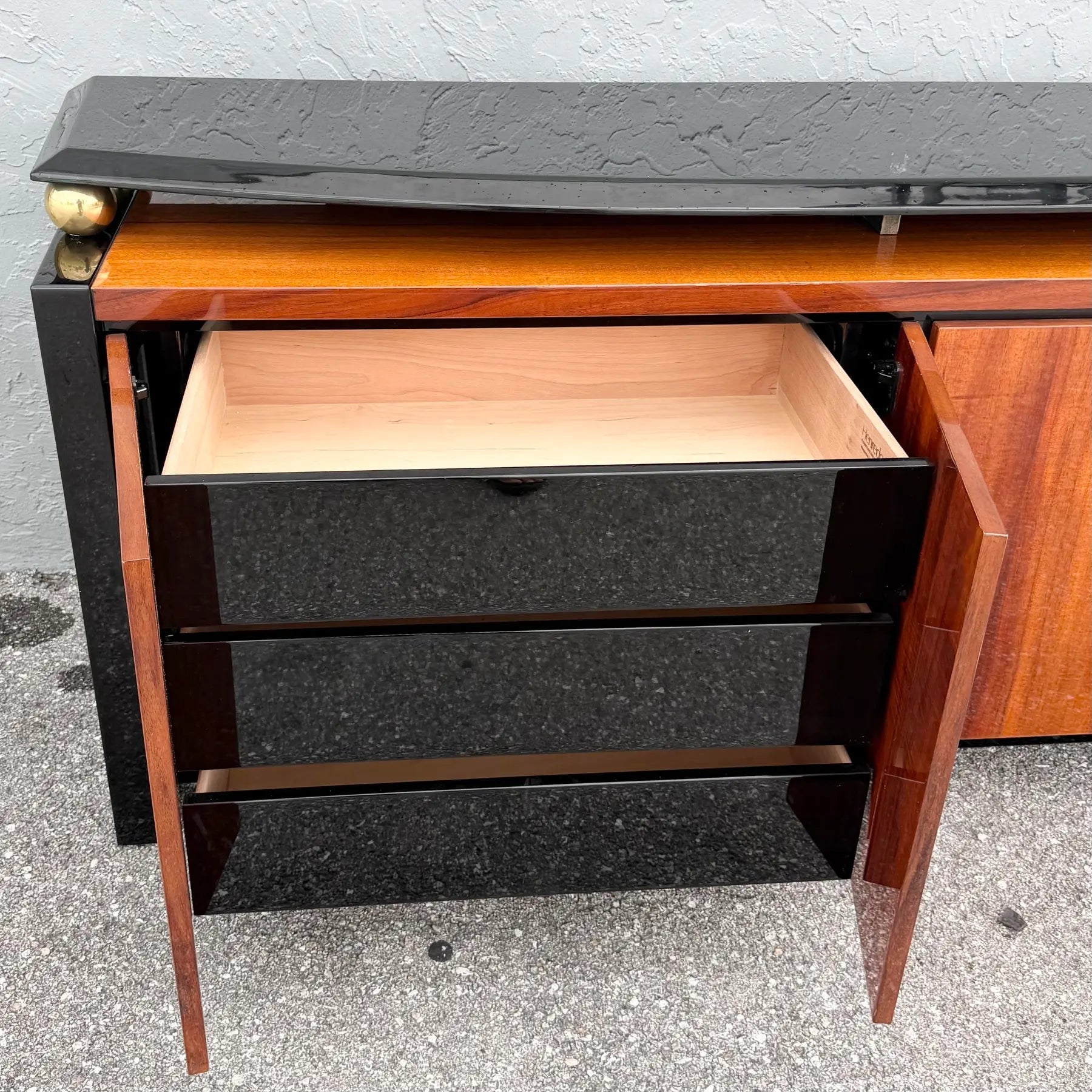 Vintage “Elan” Black Lacquered Koa Wood Credenza by Henredon Dolphin & Flamingo