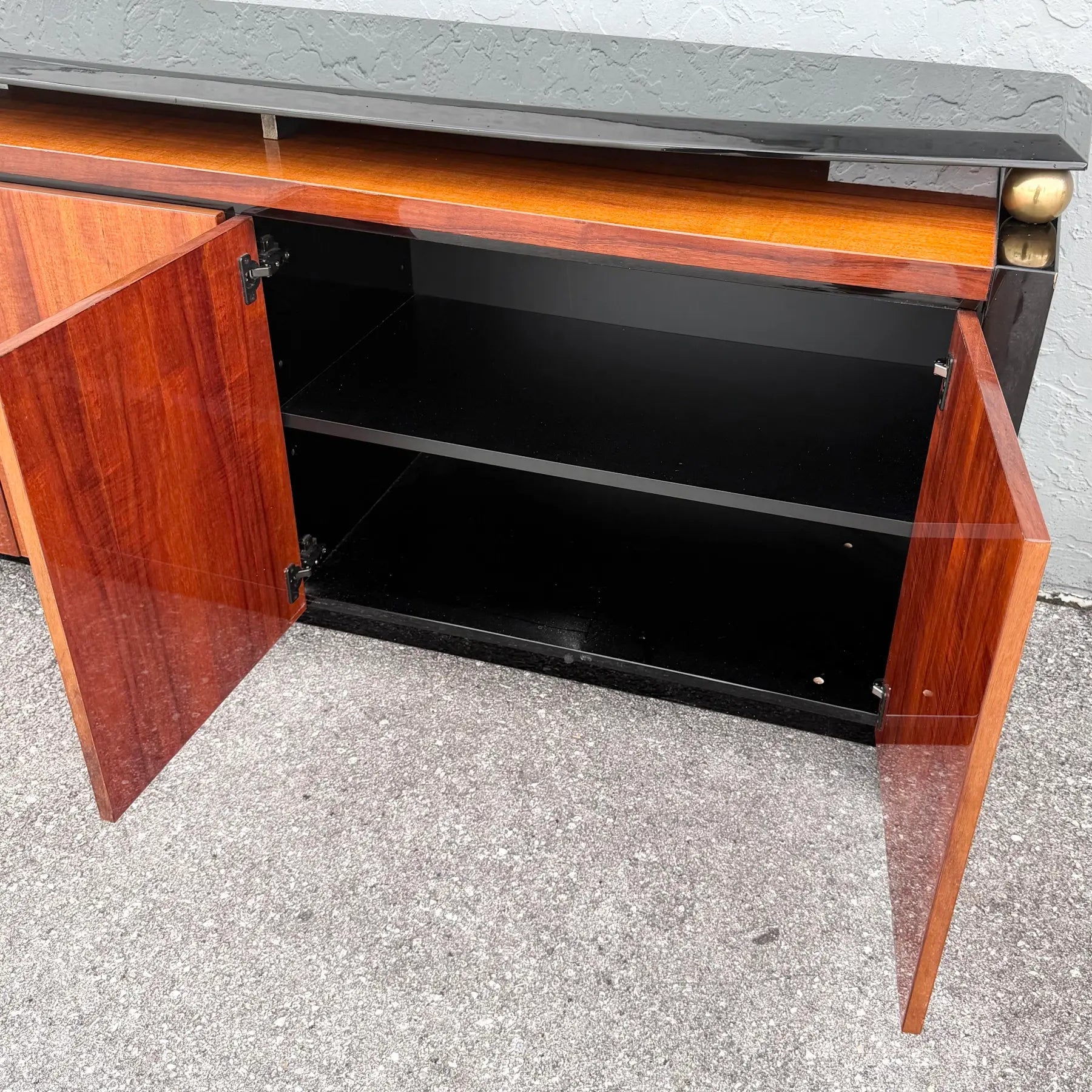 Vintage “Elan” Black Lacquered Koa Wood Credenza by Henredon Dolphin & Flamingo