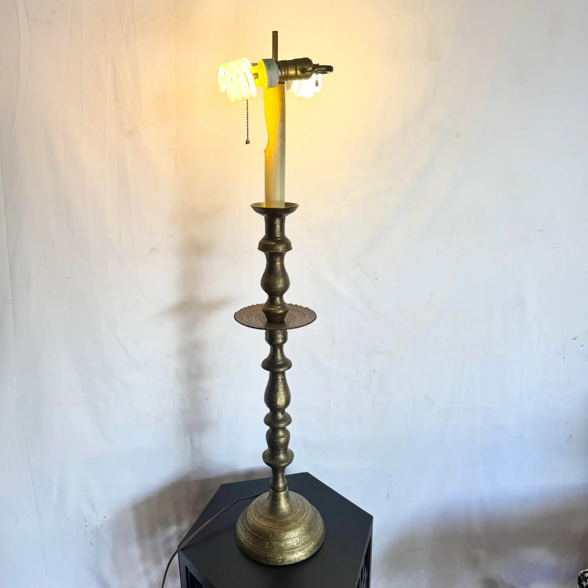 Vintage Etched Brass Candlestick Table Lamp - Dolphin & Flamingo