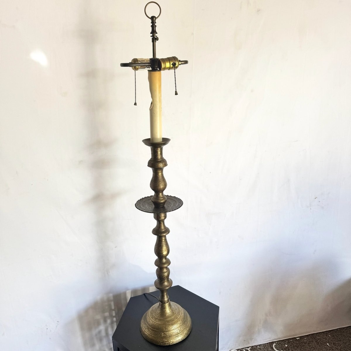 Vintage Etched Brass Candlestick Table Lamp - Dolphin & Flamingo