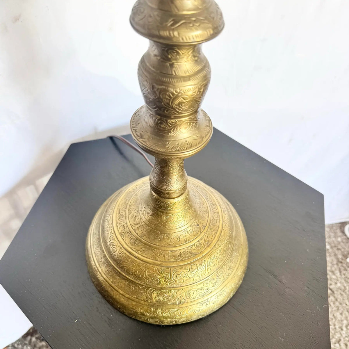 Vintage Etched Brass Candlestick Table Lamp - Dolphin & Flamingo