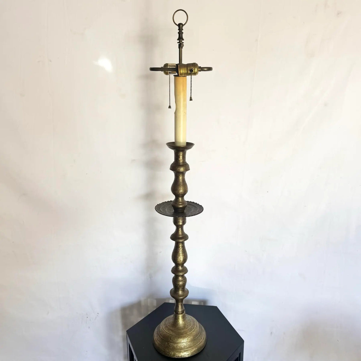 Vintage Etched Brass Candlestick Table Lamp - Dolphin & Flamingo