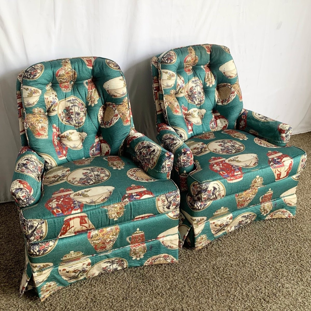Vintage Ethan Allen Tufted Lounge Chairs - A Pair - Dolphin & Flamingo