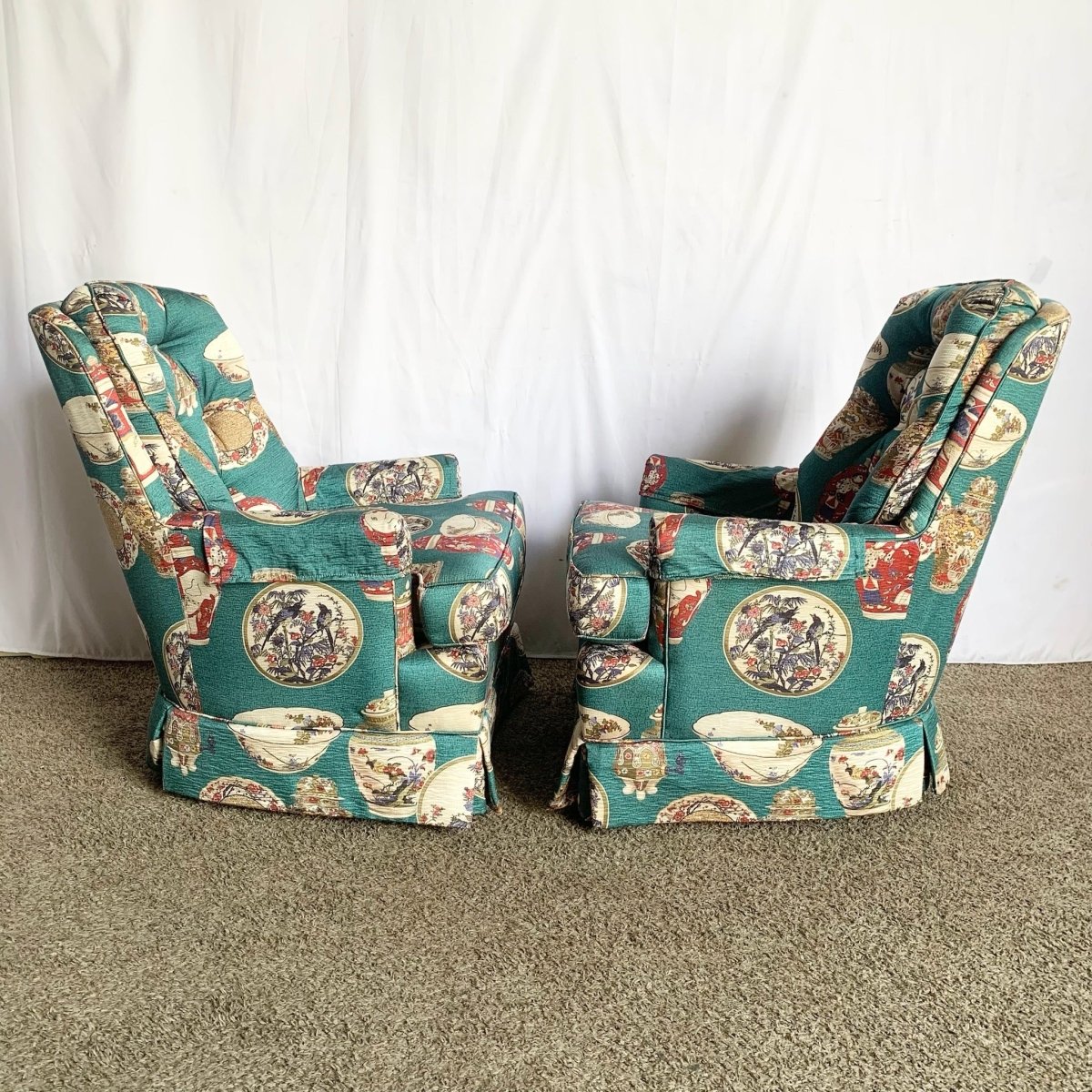 Vintage Ethan Allen Tufted Lounge Chairs - A Pair - Dolphin & Flamingo