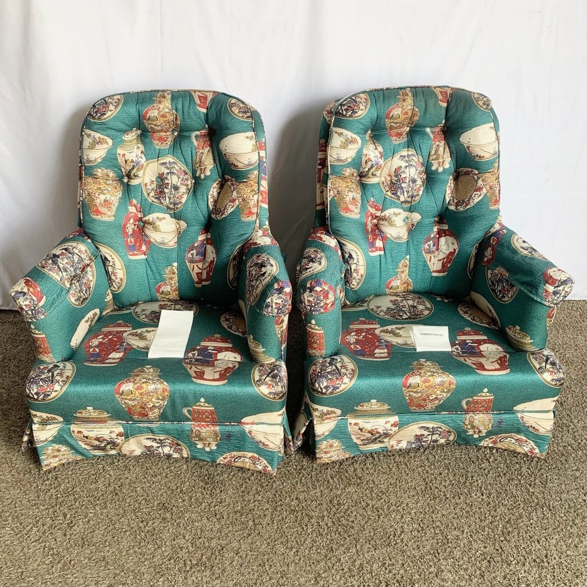 Vintage Ethan Allen Tufted Lounge Chairs - A Pair - Dolphin & Flamingo