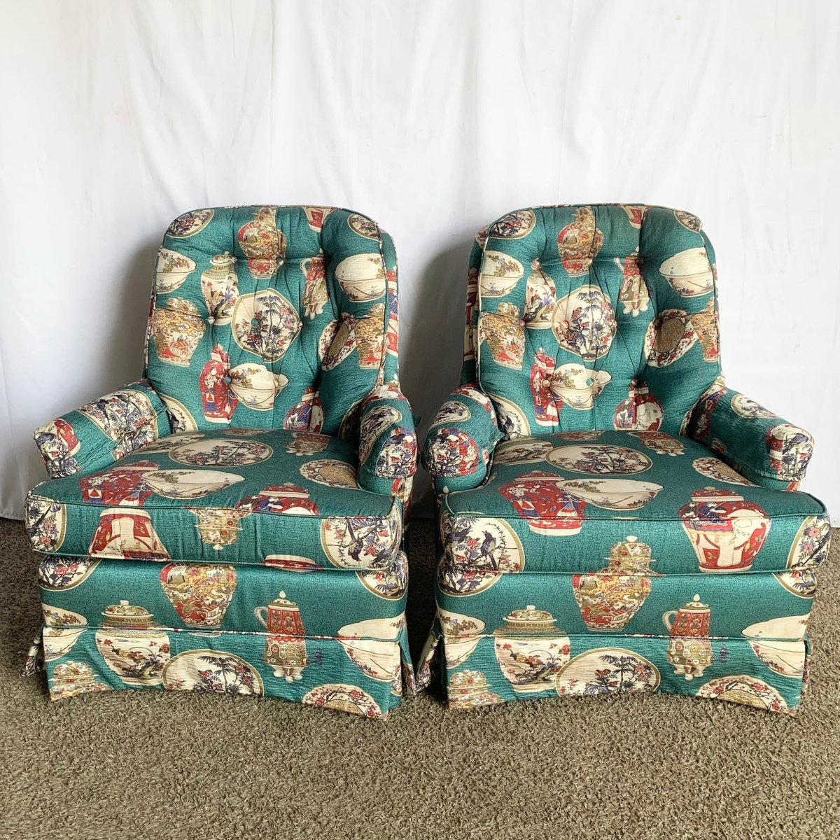 Vintage Ethan Allen Tufted Lounge Chairs - A Pair - Dolphin & Flamingo
