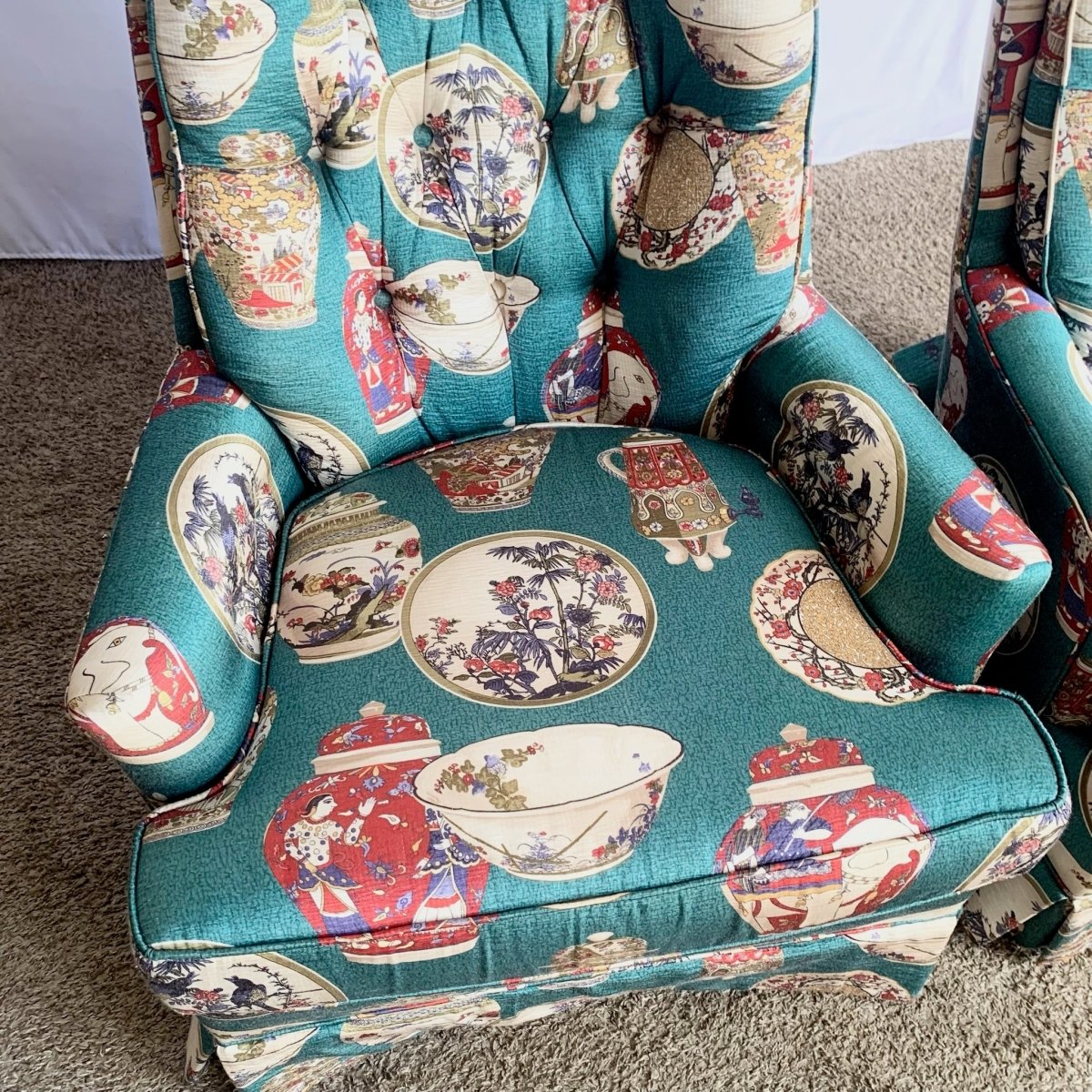 Vintage Ethan Allen Tufted Lounge Chairs - A Pair - Dolphin & Flamingo
