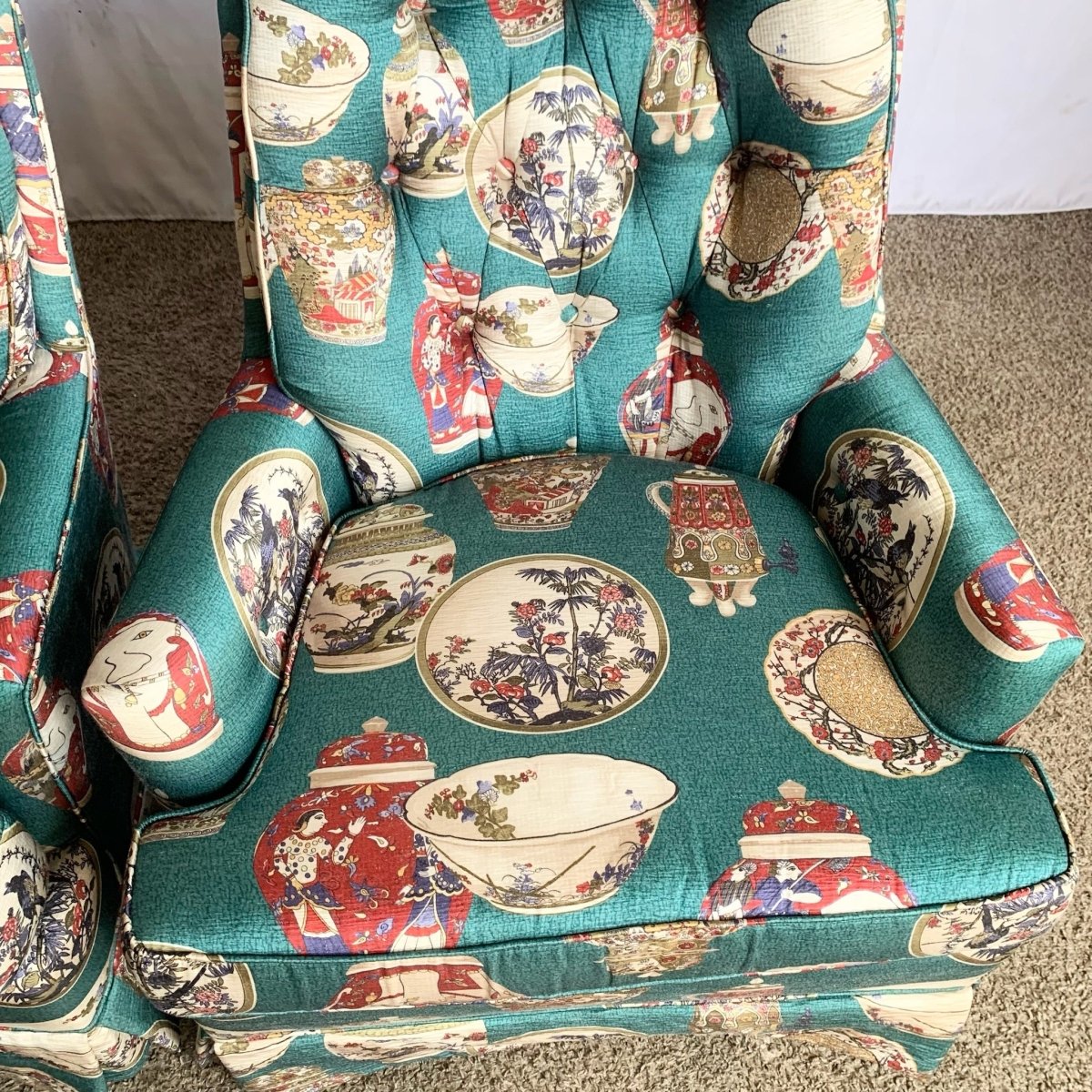 Vintage Ethan Allen Tufted Lounge Chairs - A Pair - Dolphin & Flamingo