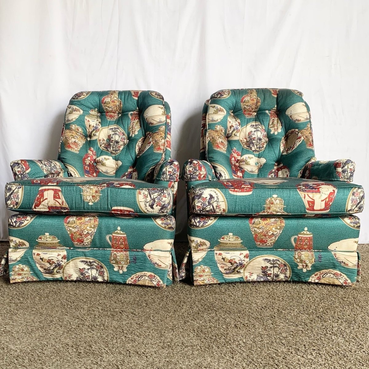 Vintage Ethan Allen Tufted Lounge Chairs - A Pair - Dolphin & Flamingo