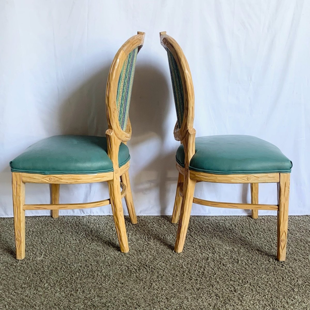Vintage Faux Bois Wooden Dining Chair With Turquoise Vinyl - Set of 8 - Dolphin & Flamingo