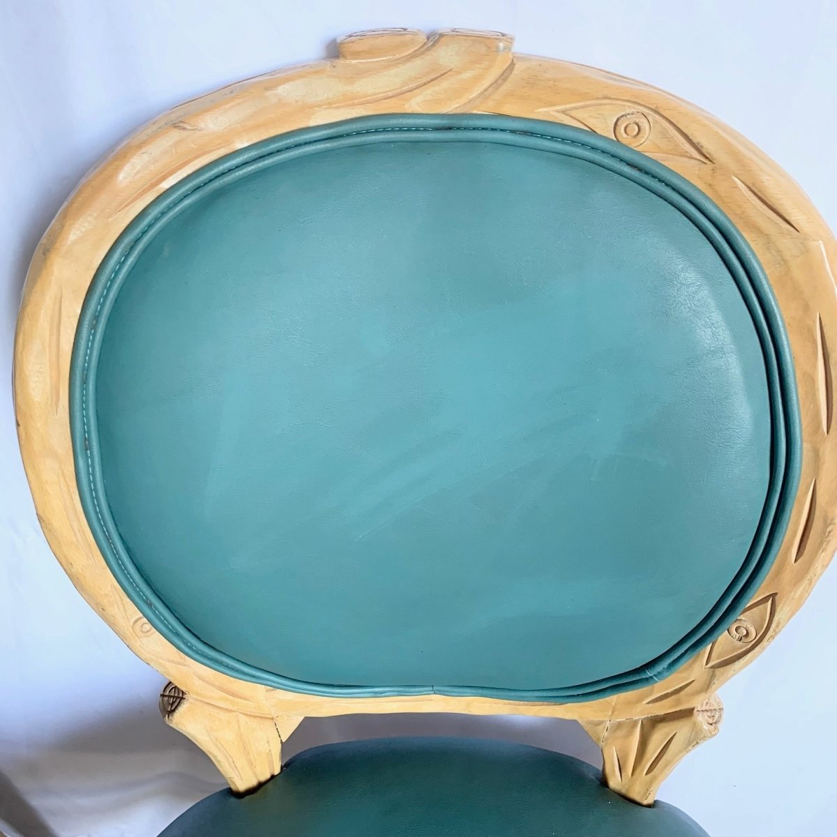 Vintage Faux Bois Wooden Dining Chair With Turquoise Vinyl - Set of 8 - Dolphin & Flamingo