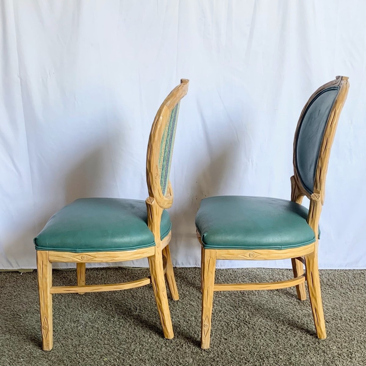 Vintage Faux Bois Wooden Dining Chair With Turquoise Vinyl - Set of 8 - Dolphin & Flamingo