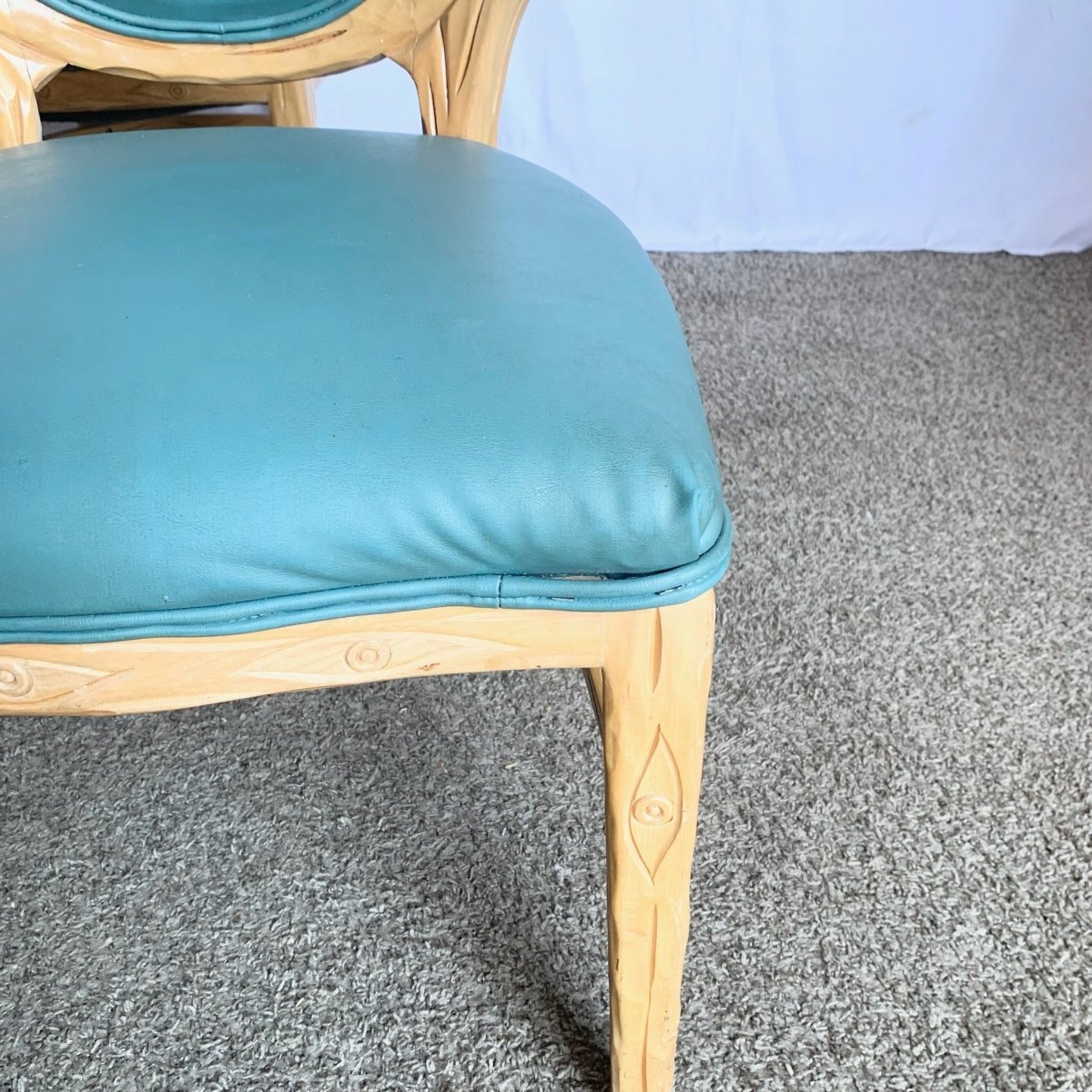 Vintage Faux Bois Wooden Dining Chair With Turquoise Vinyl - Set of 8 - Dolphin & Flamingo