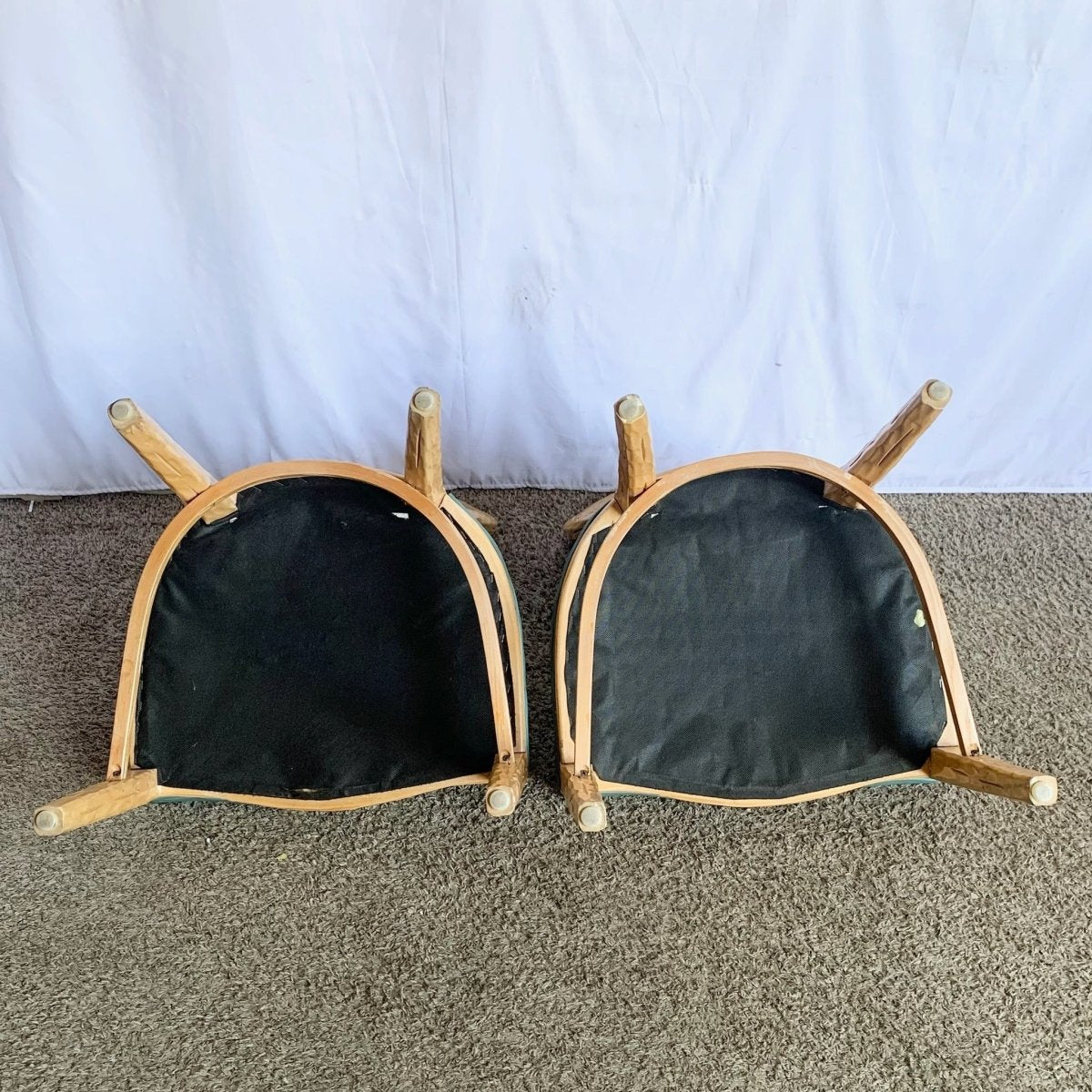 Vintage Faux Bois Wooden Dining Chair With Turquoise Vinyl - Set of 8 - Dolphin & Flamingo
