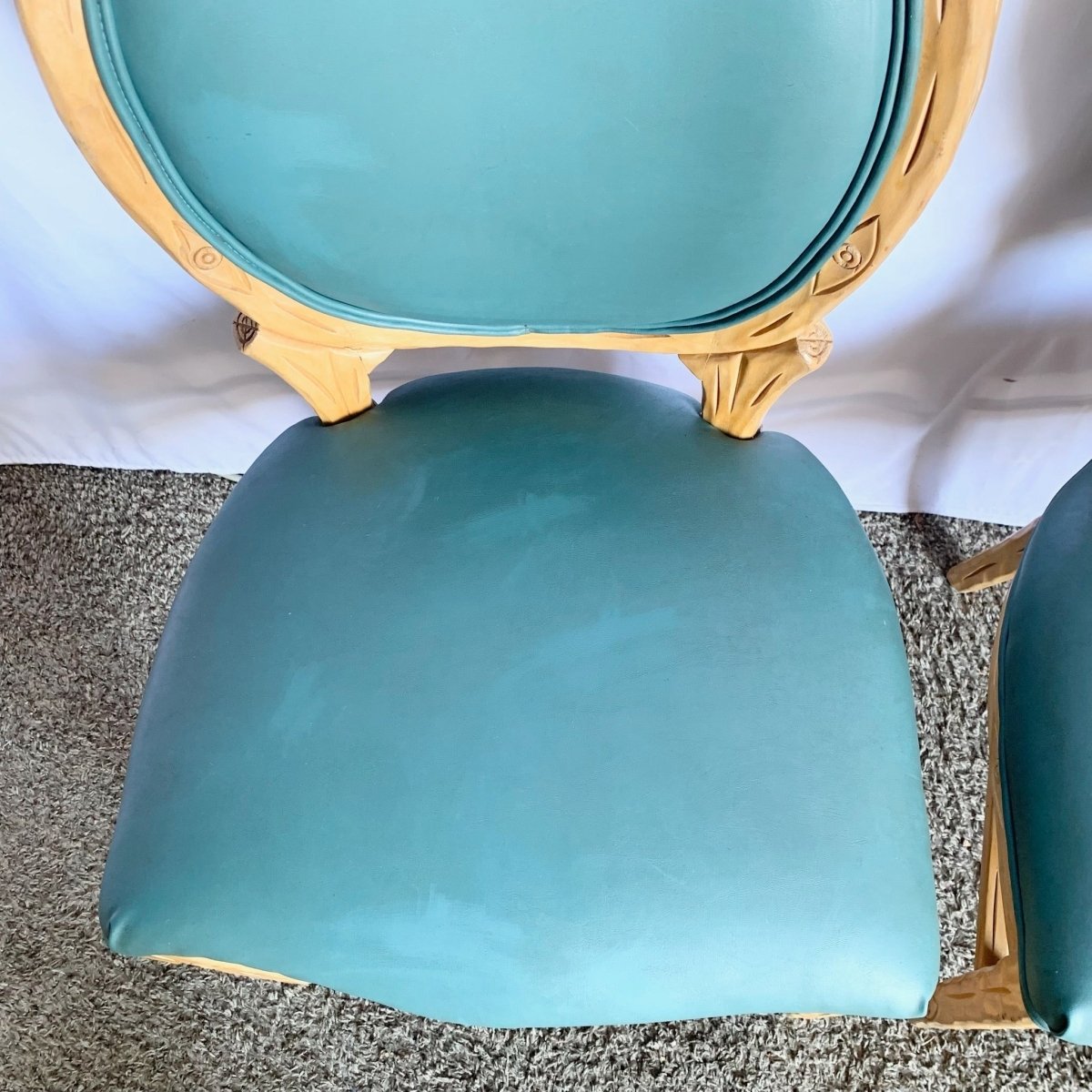 Vintage Faux Bois Wooden Dining Chair With Turquoise Vinyl - Set of 8 - Dolphin & Flamingo
