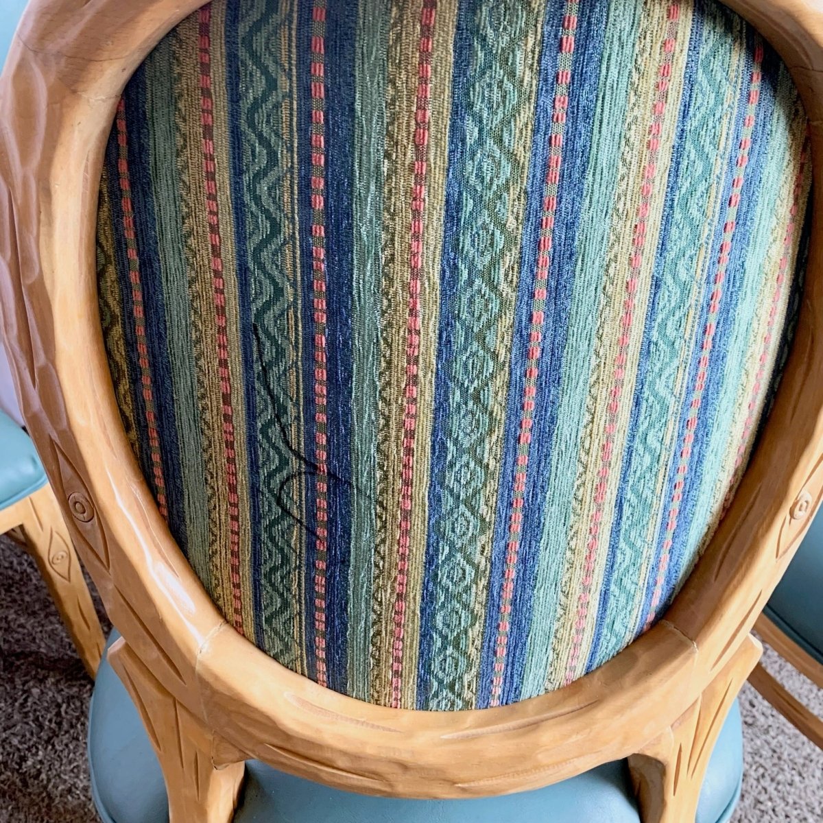 Vintage Faux Bois Wooden Dining Chair With Turquoise Vinyl - Set of 8 - Dolphin & Flamingo