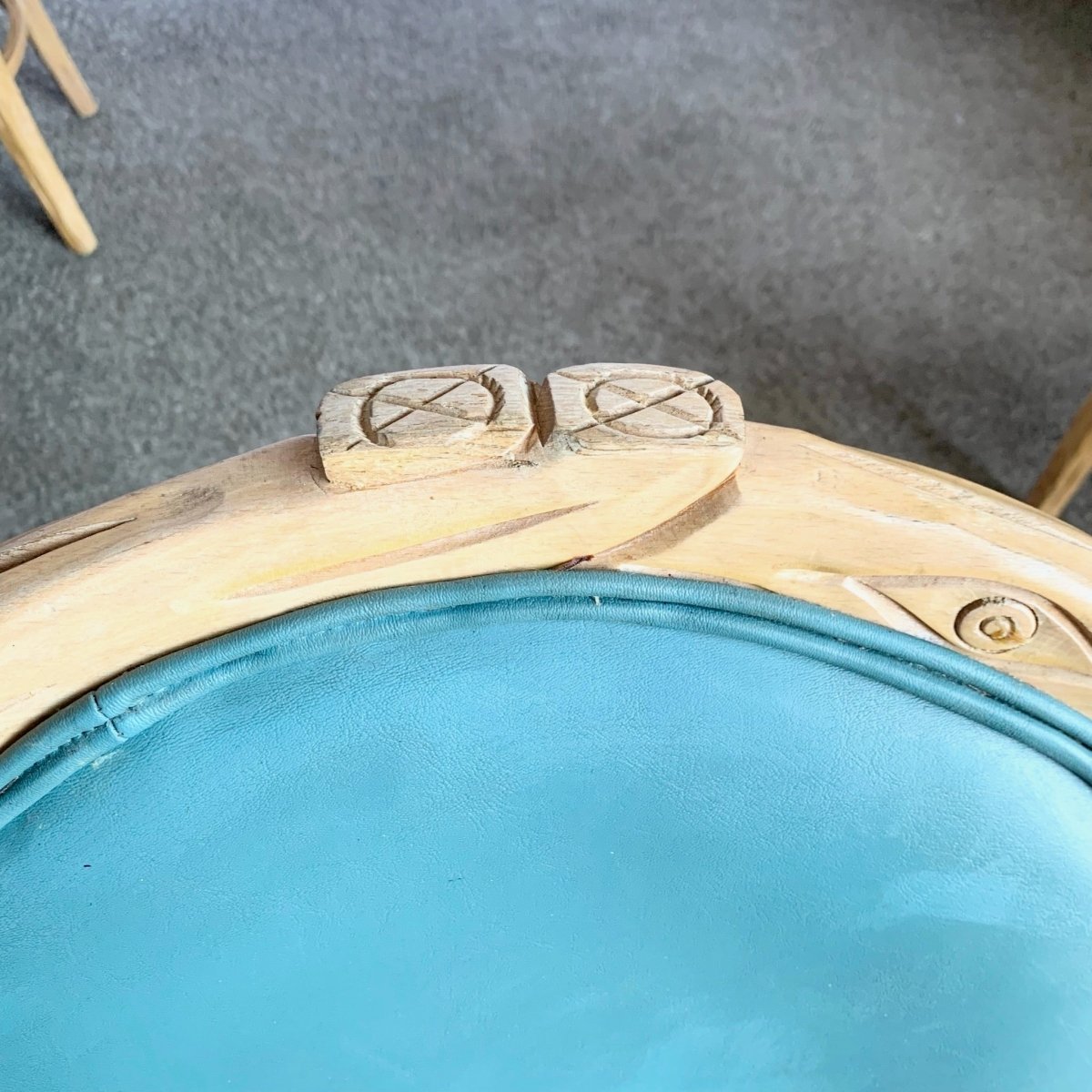 Vintage Faux Bois Wooden Dining Chair With Turquoise Vinyl - Set of 8 - Dolphin & Flamingo