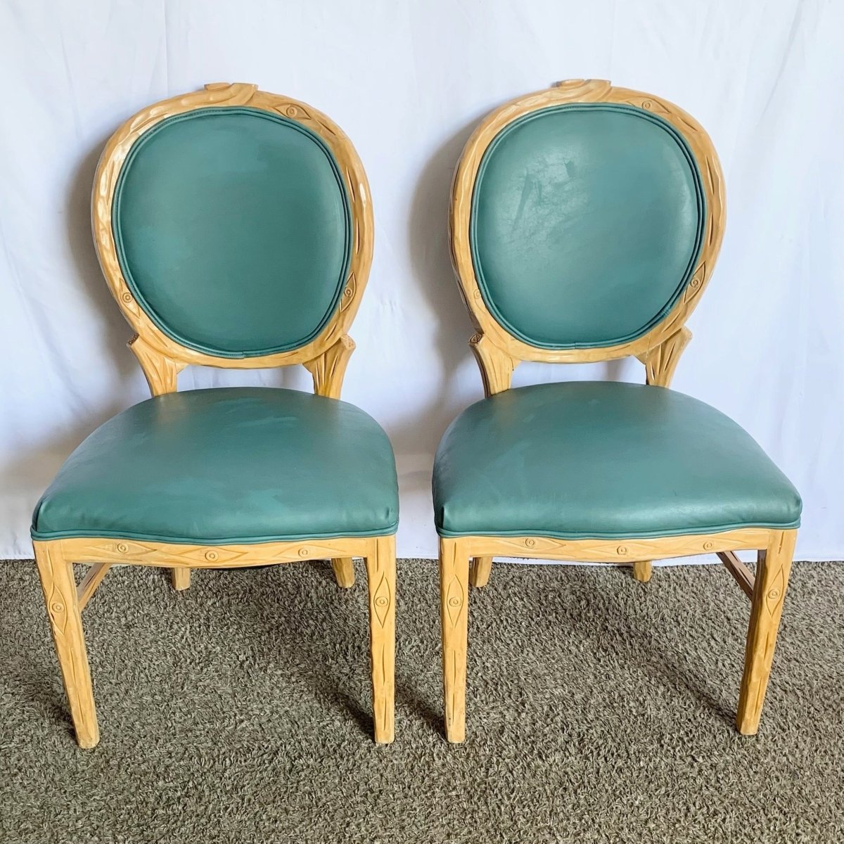 Vintage Faux Bois Wooden Dining Chair With Turquoise Vinyl - Set of 8 - Dolphin & Flamingo