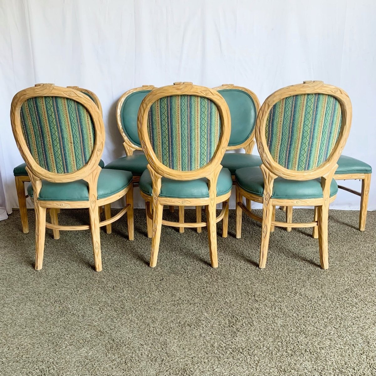 Vintage Faux Bois Wooden Dining Chair With Turquoise Vinyl - Set of 8 - Dolphin & Flamingo